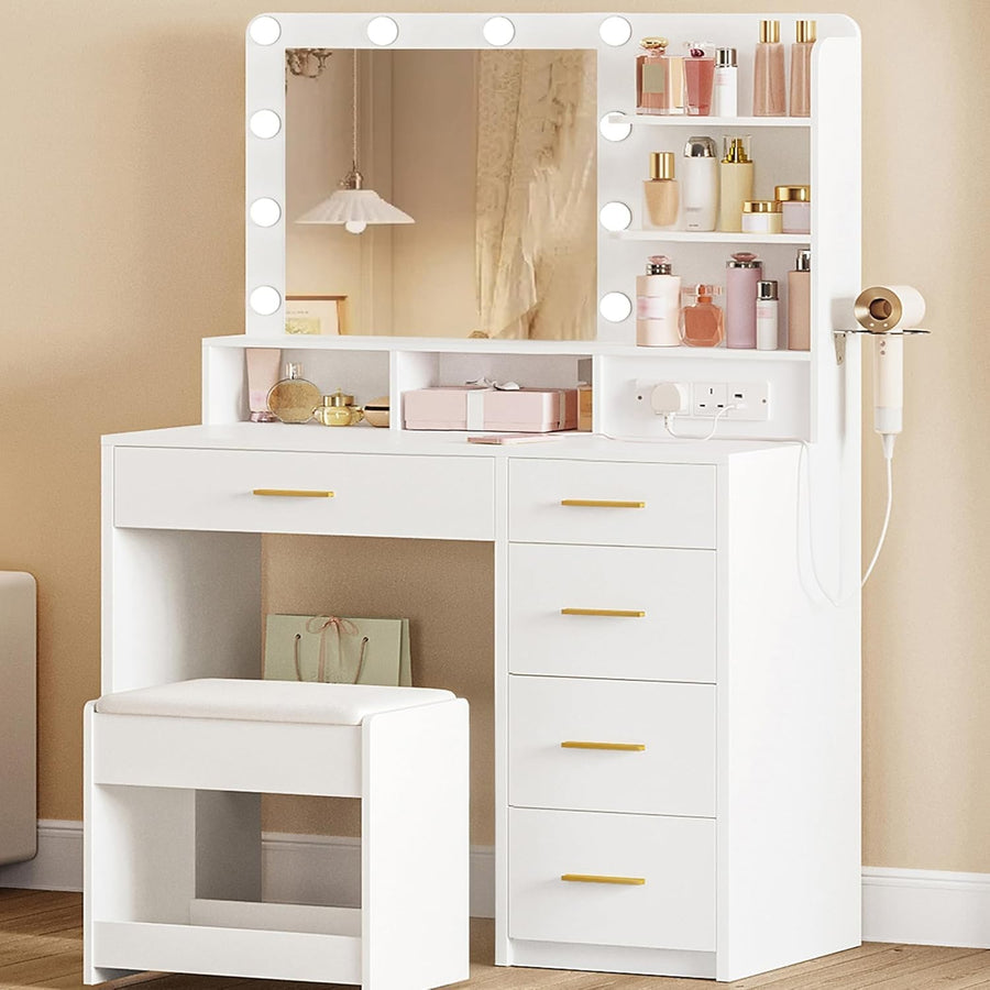 White Vanity Dressing Table Set LED Mirror Power Outlet 5 Drawers Stool Storage