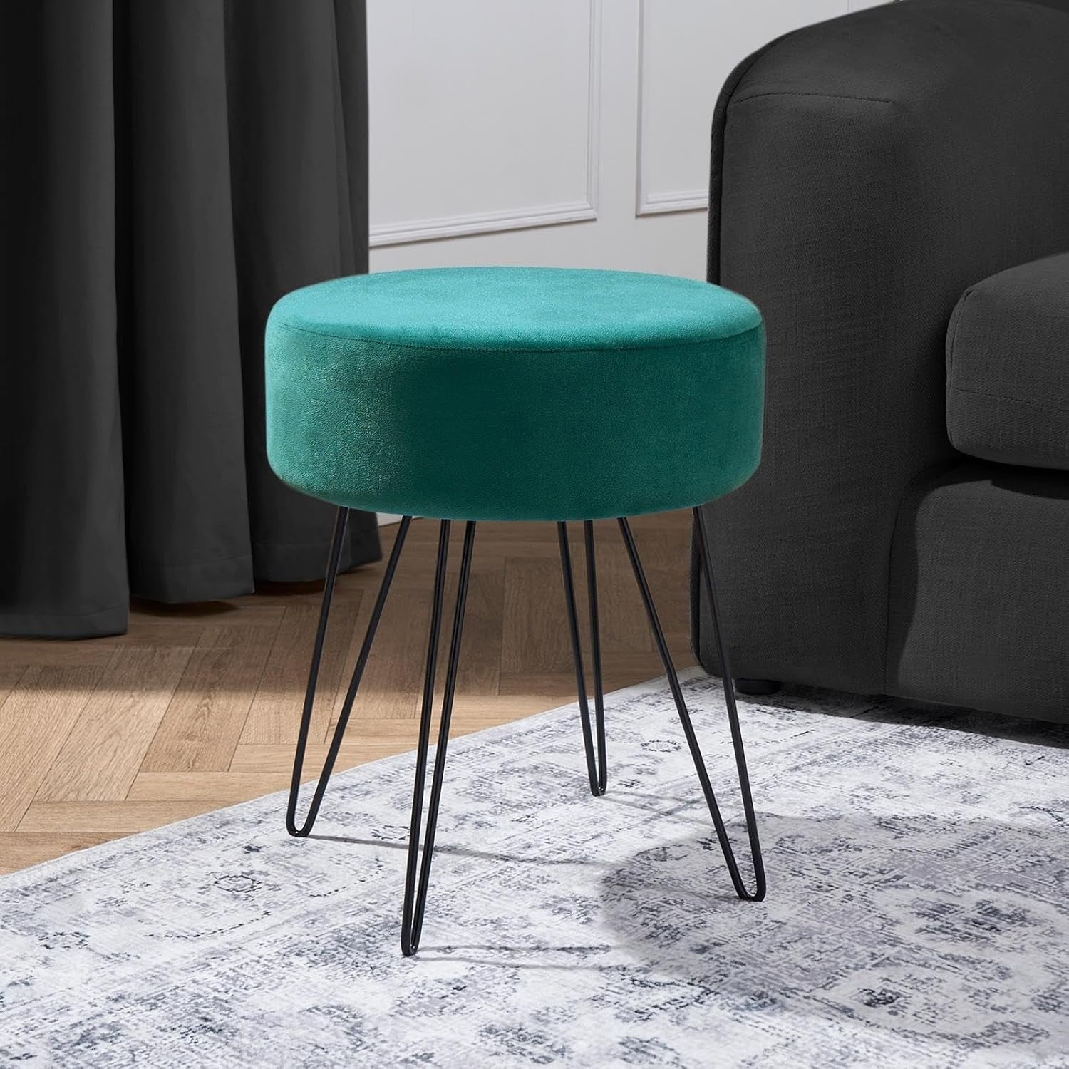 Teal Velvet Round Footstool Hairpin Leg Vanity Dressing Table Seat