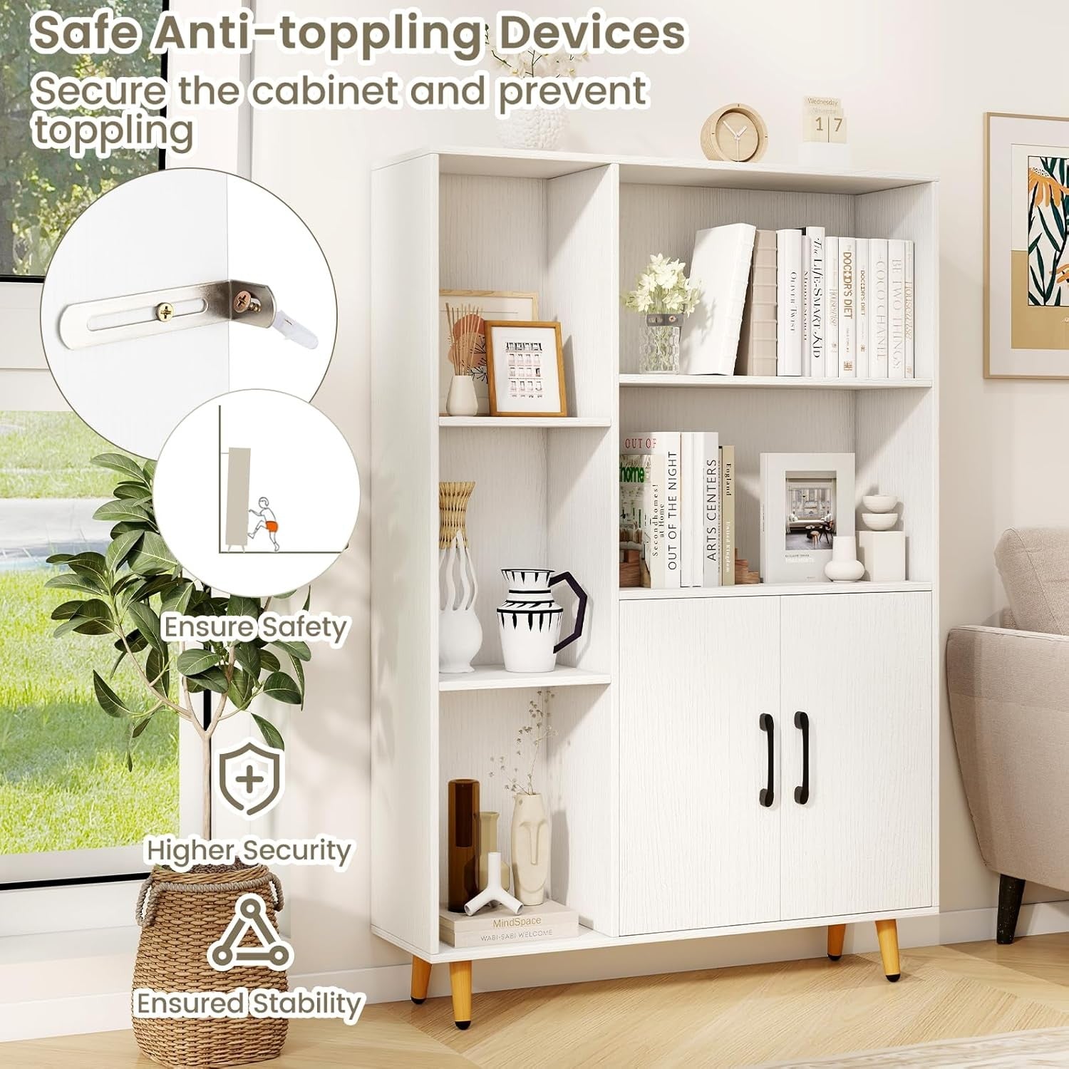 Modern Tall Storage Bookcase with Doors & Open Shelves 80x23x119cm White