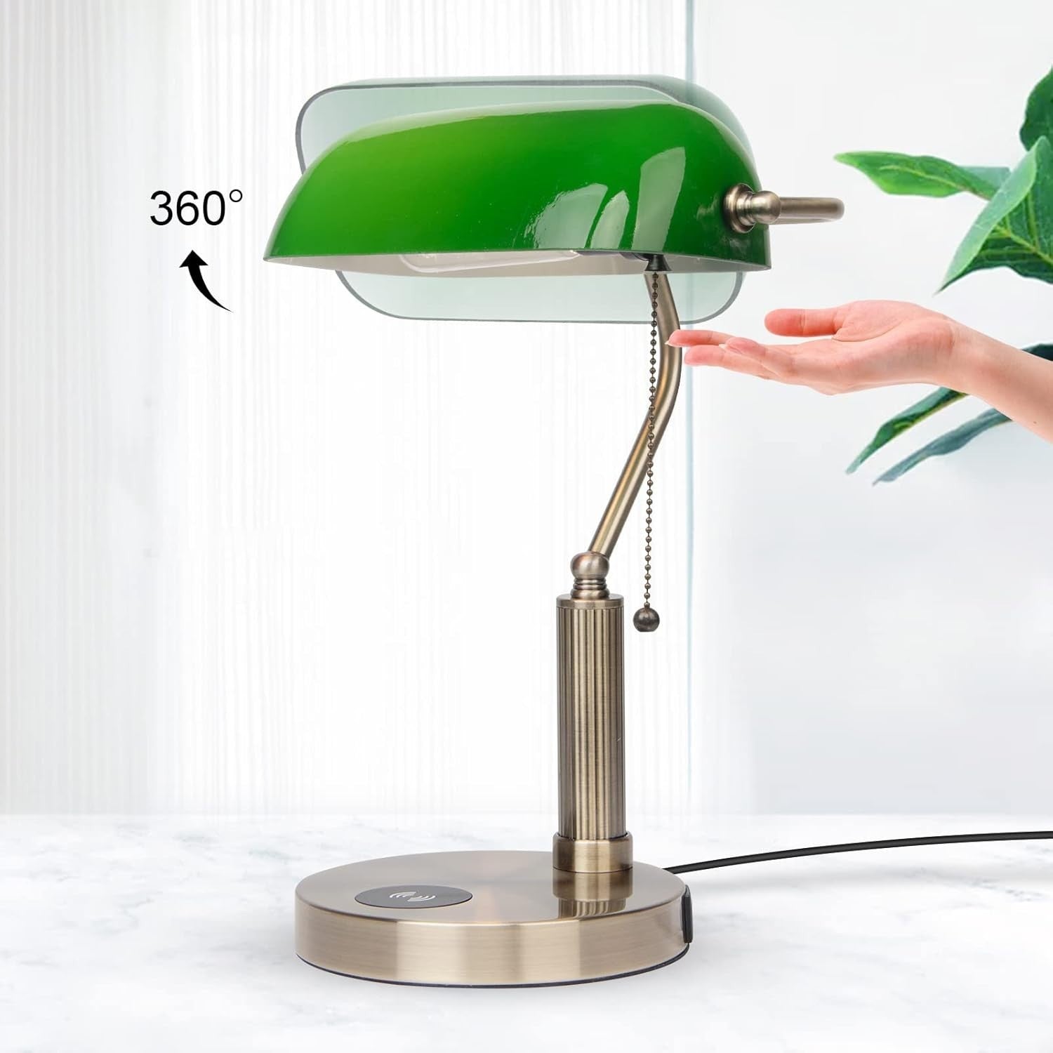 Vintage Green Glass Desk Lamp with Wireless Charging & USB Port, 32cm