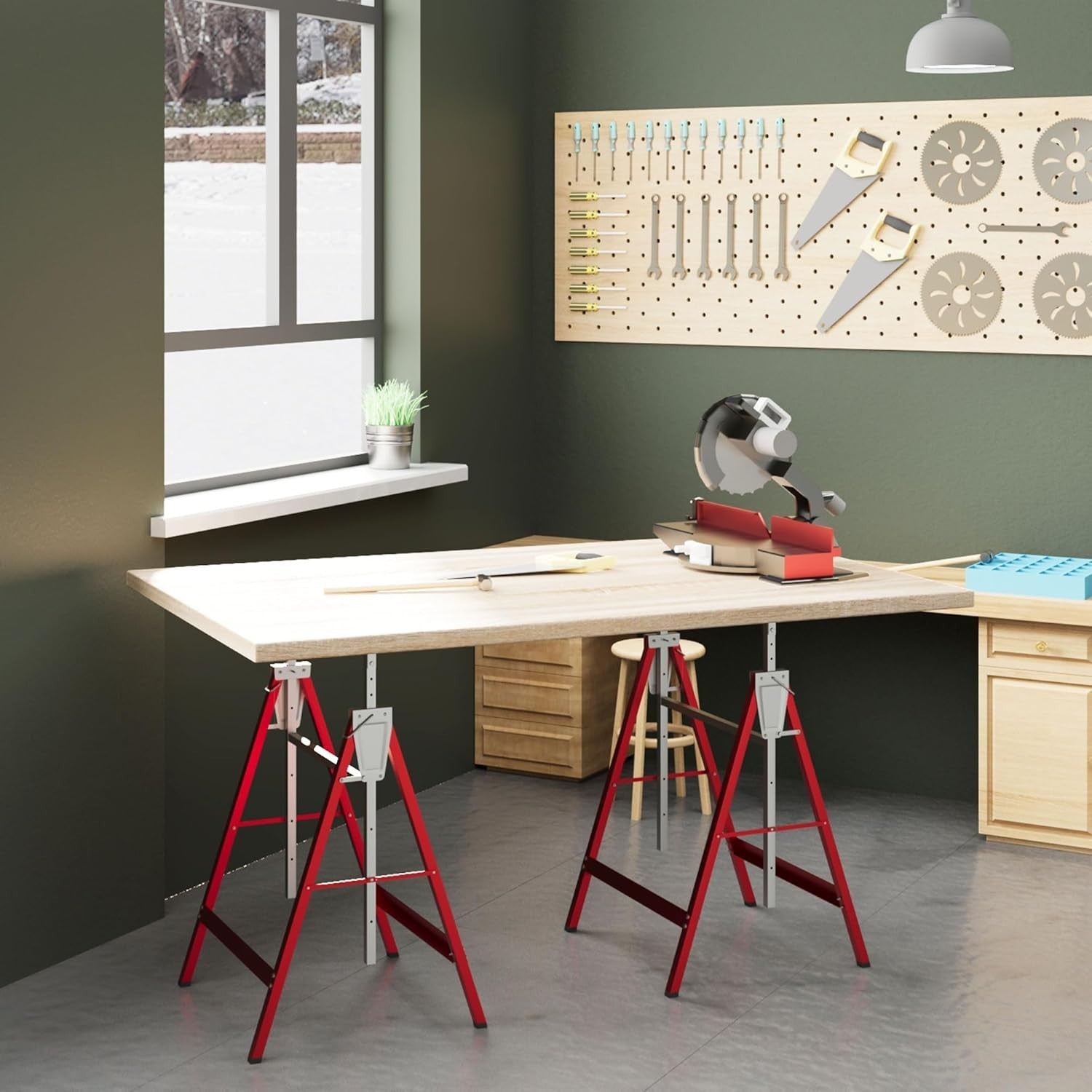 2x Adjustable Telescopic Sawhorse Folding Steel Trestle Work Bench Red 80–130cm