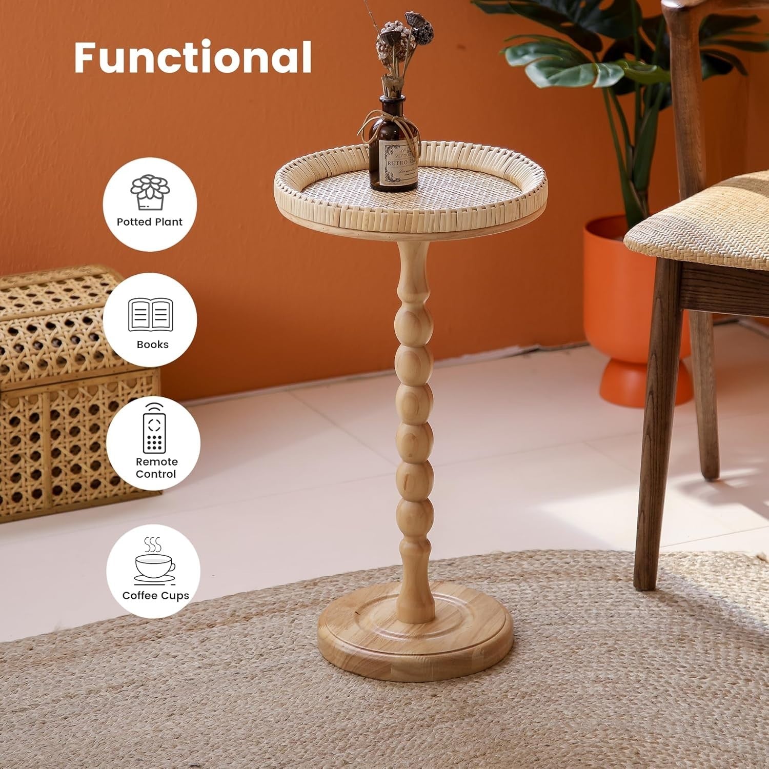 Boho Round Side Table 30.5x30.5x50.8 cm | Rattan End Table for Living Room