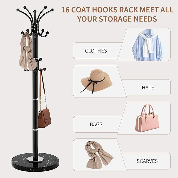 Black Metal Coat Rack Stand Marble Base 360° Rotating 16 Hooks Hall Tree