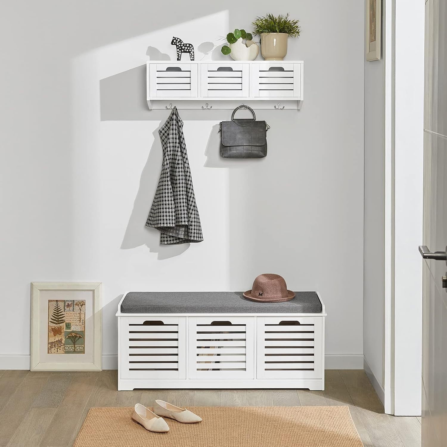 White Shoe Storage Bench with Seat Cushion | 3 Drawer Hallway Cabinet Unit