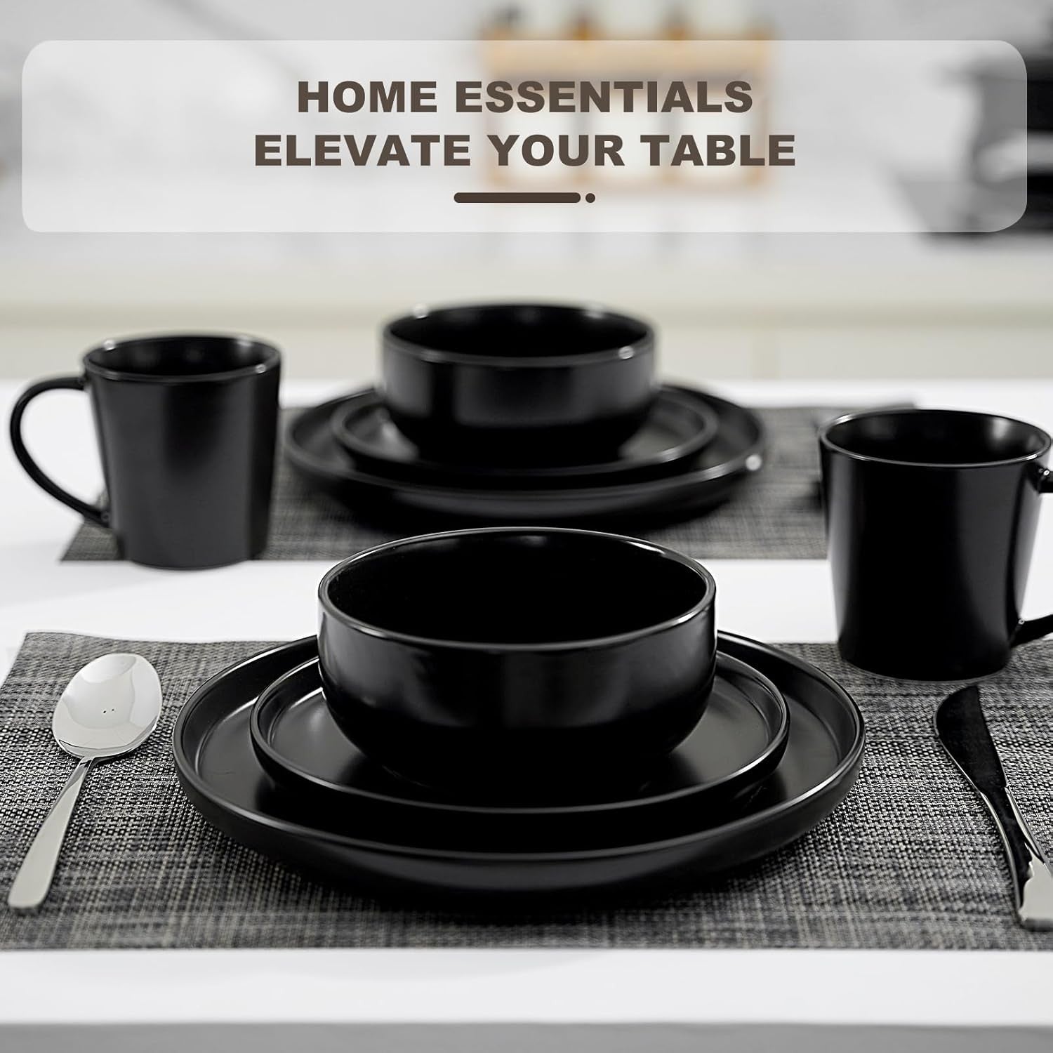 32pc Matte Black Dinner Set Ceramic Plates Bowls Mugs Modern Tableware