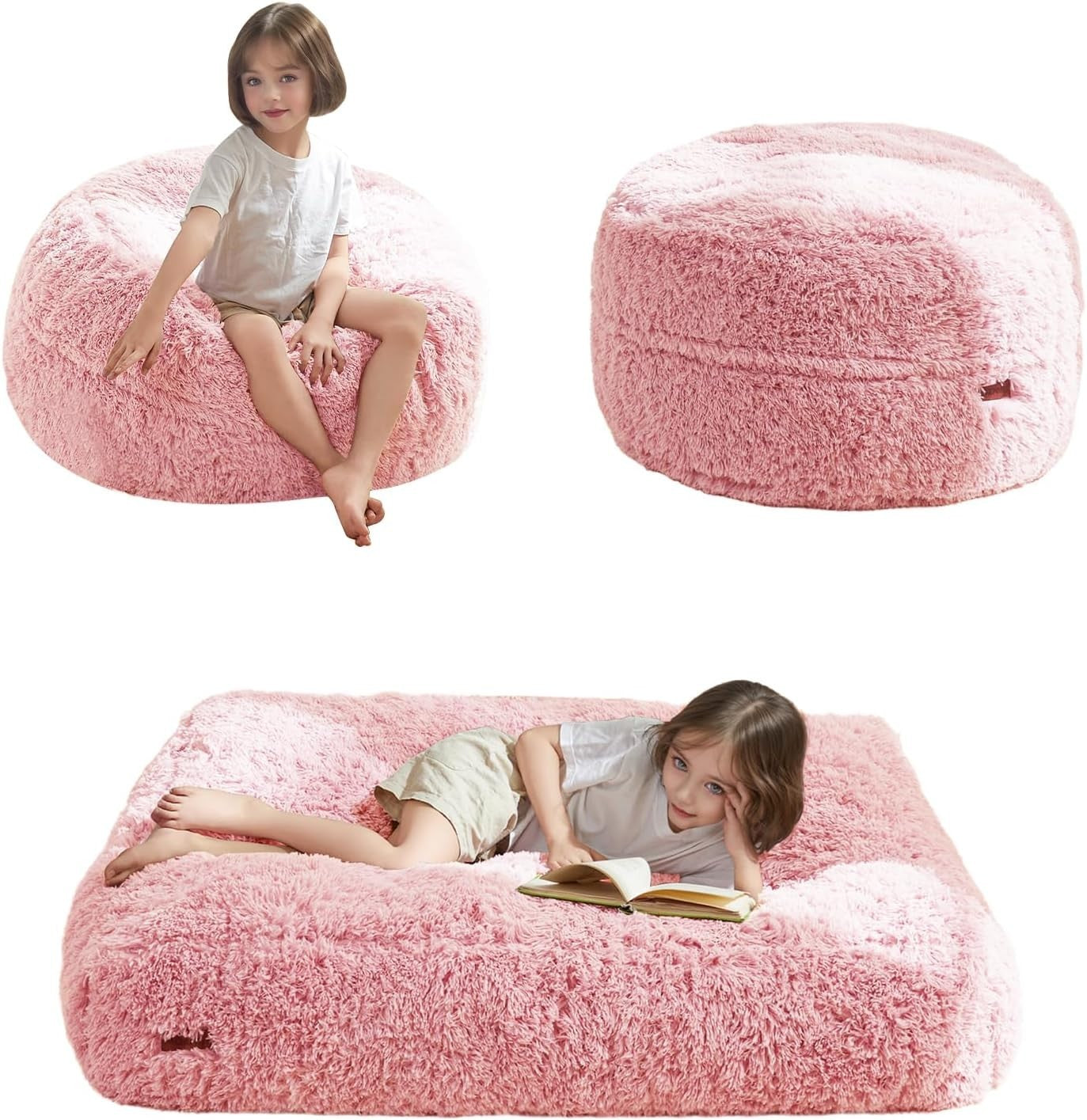 Kids Plush Chair Bed Sofa Pink | Convertible Bean Bag Fold Out Seat