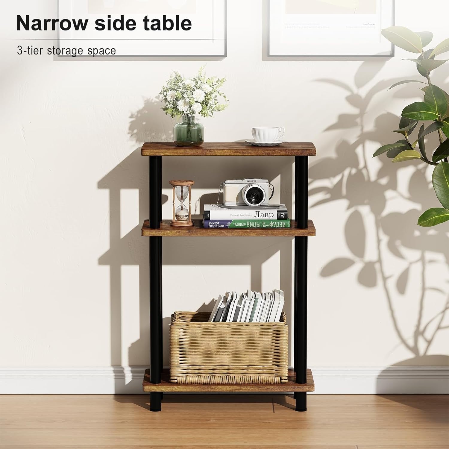 Slim 3-Tier Side Table, Space-Saving Narrow End Table for Bedroom & Living Room
