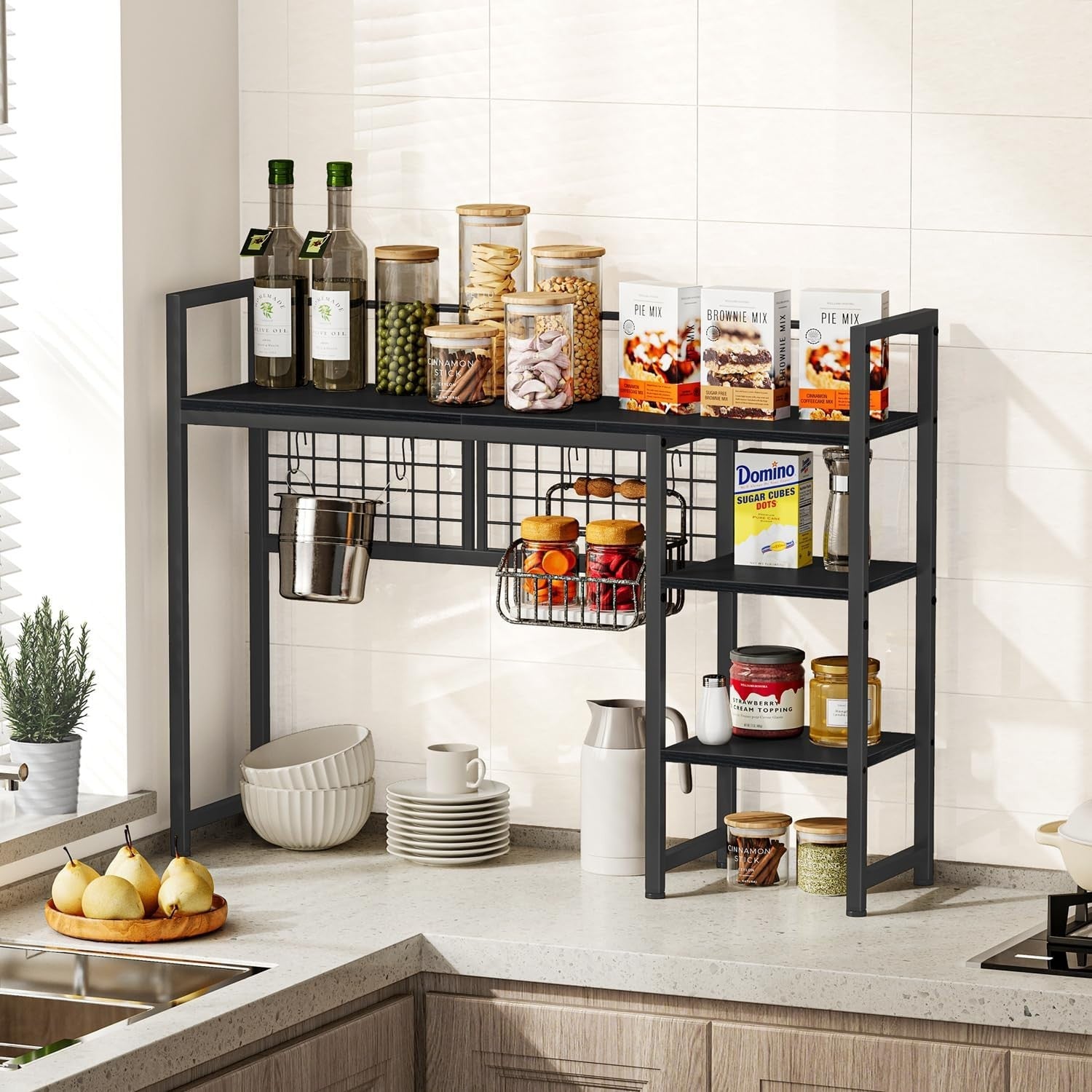 38.6" Desk Hutch Shelf with Pegboard Hooks | 4-Tier Desktop Organizer Rack Black