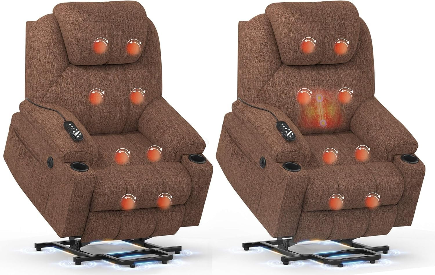 Set of 2 Power Lift Recliner Chairs Massage Heat USB-C Footrest Fabric Brown