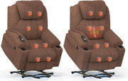 Set of 2 Power Lift Recliner Chairs Massage Heat USB-C Footrest Fabric Brown