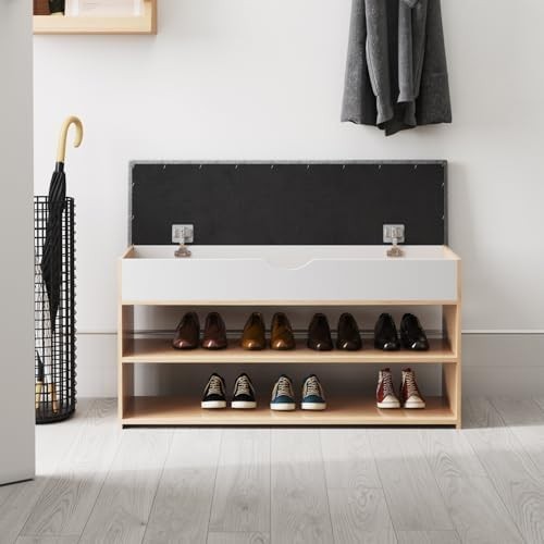 Natural Wooden Shoe Storage Bench with Cushion 2-Tier Organizer Cabinet