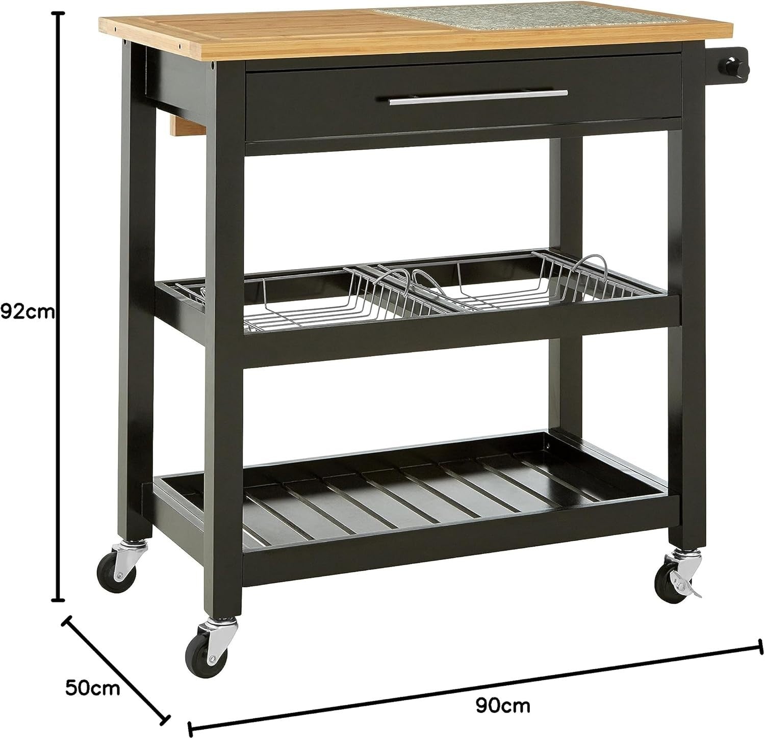 Black Pine Wood Kitchen Trolley Granite Top 90cm Storage Cart