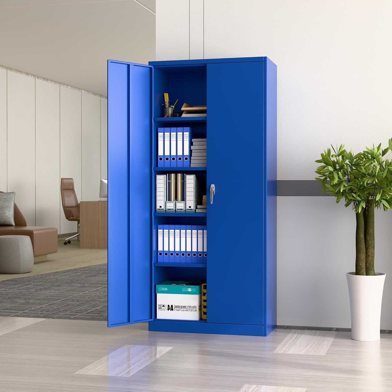 Blue Metal Storage Cabinet 180cm with Lock & Adjustable Shelves – Tall Cupboard
