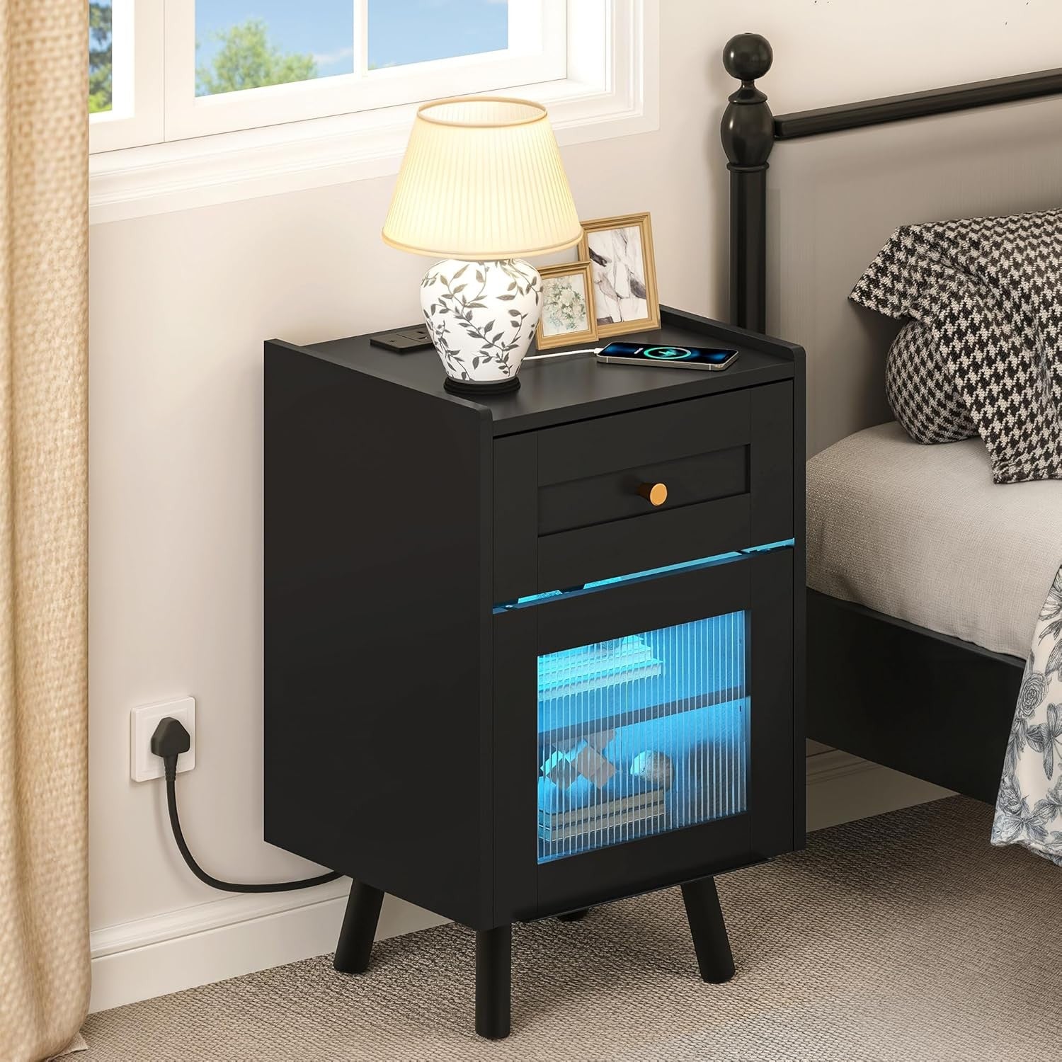 Black LED Bedside Table | Nightstand with Drawer & Adjustable Shelf 40×62cm