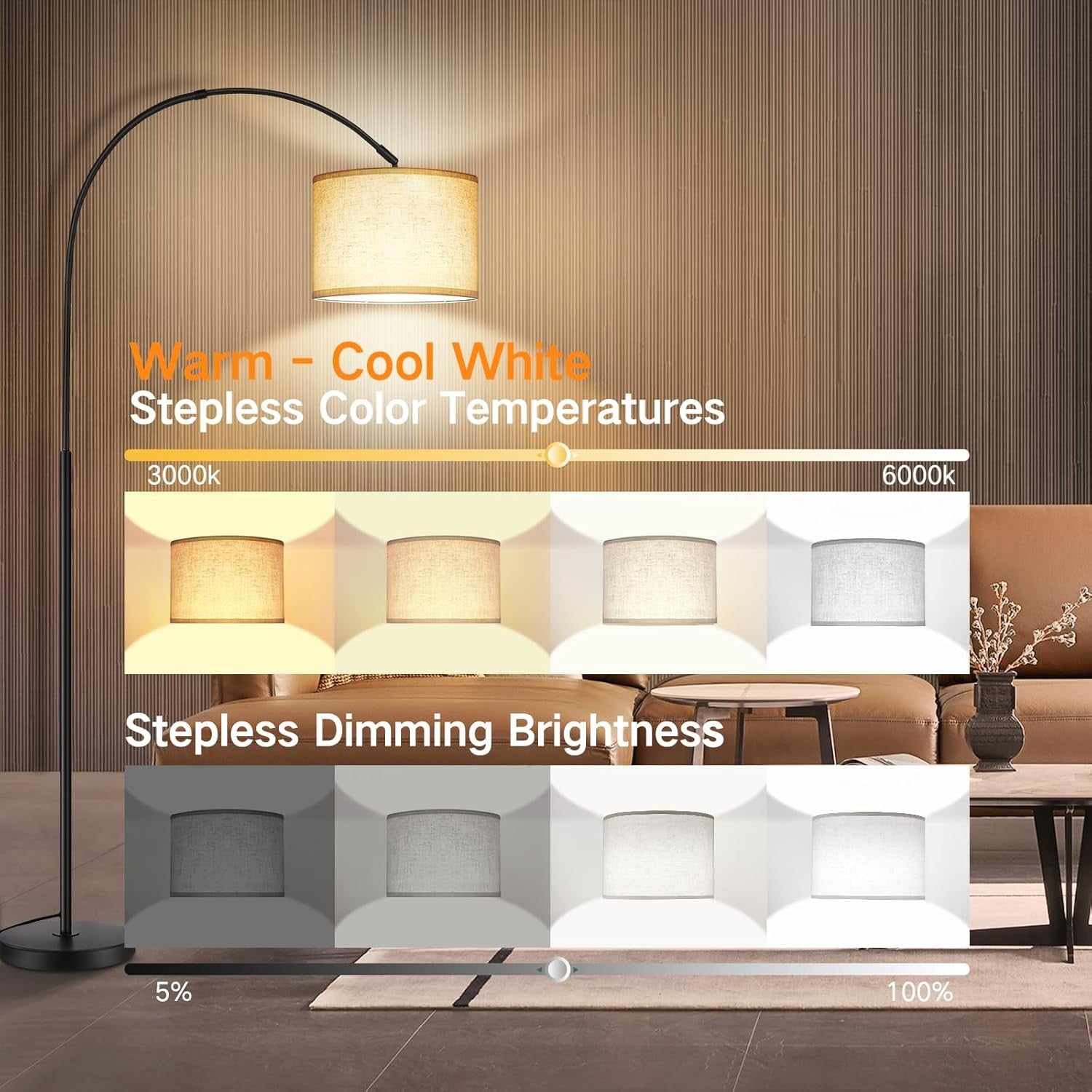 Arc Floor Lamp Dimmable Remote Control LED Standing Light Black 70in