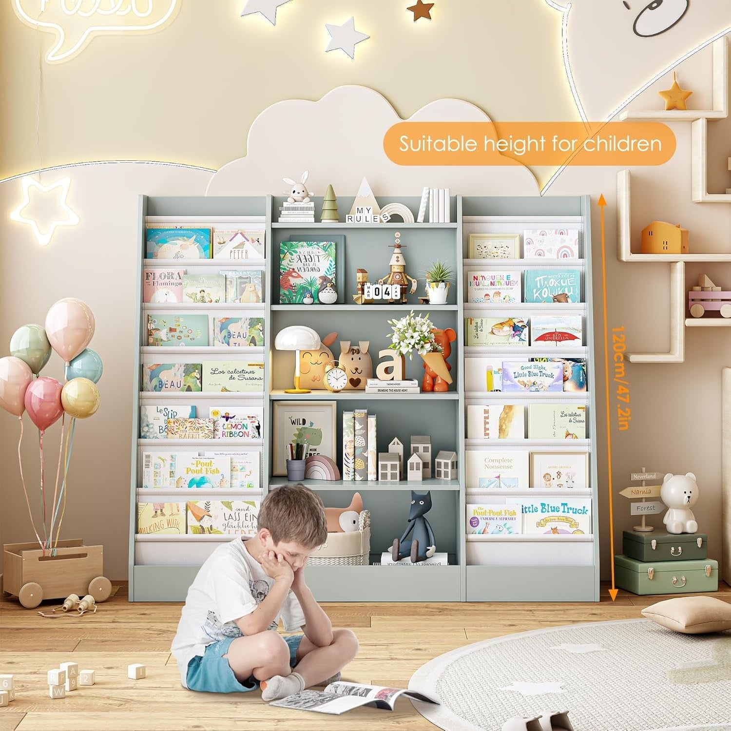 Kids Bookshelf Storage Unit with 14 Sling Fabric Shelves & 5 Toy Racks