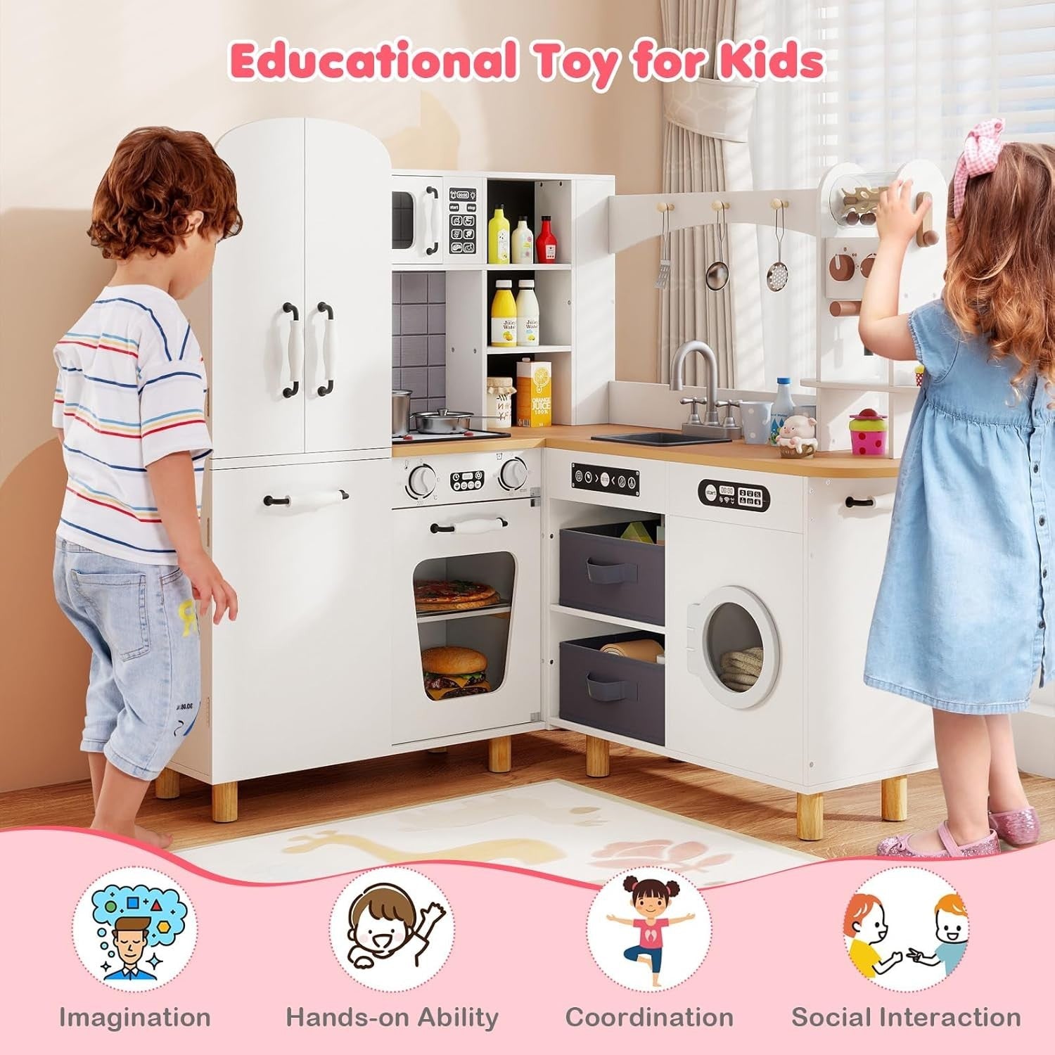 Corner Kids Play Kitchen White w/ Fridge Washer Coffee Maker Set