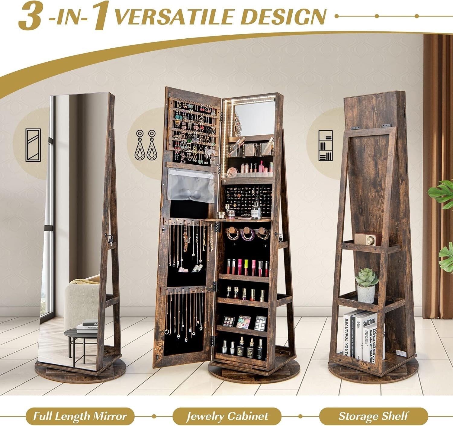 360° Swivel Jewelry Armoire Lockable Full Length Mirror LED Storage Rustic