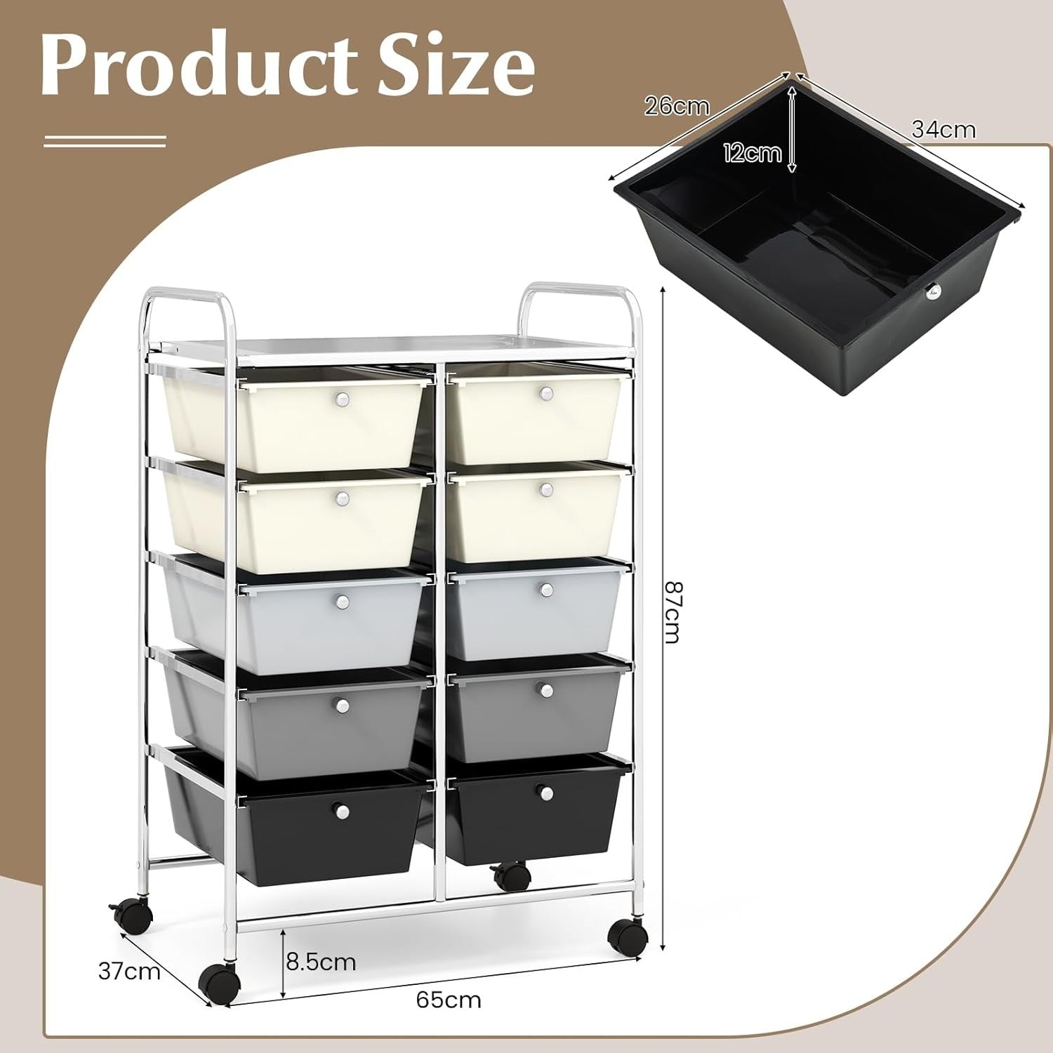 10 Drawer Mobile Storage Trolley Rolling Utility Cart Salon Organizer Grey
