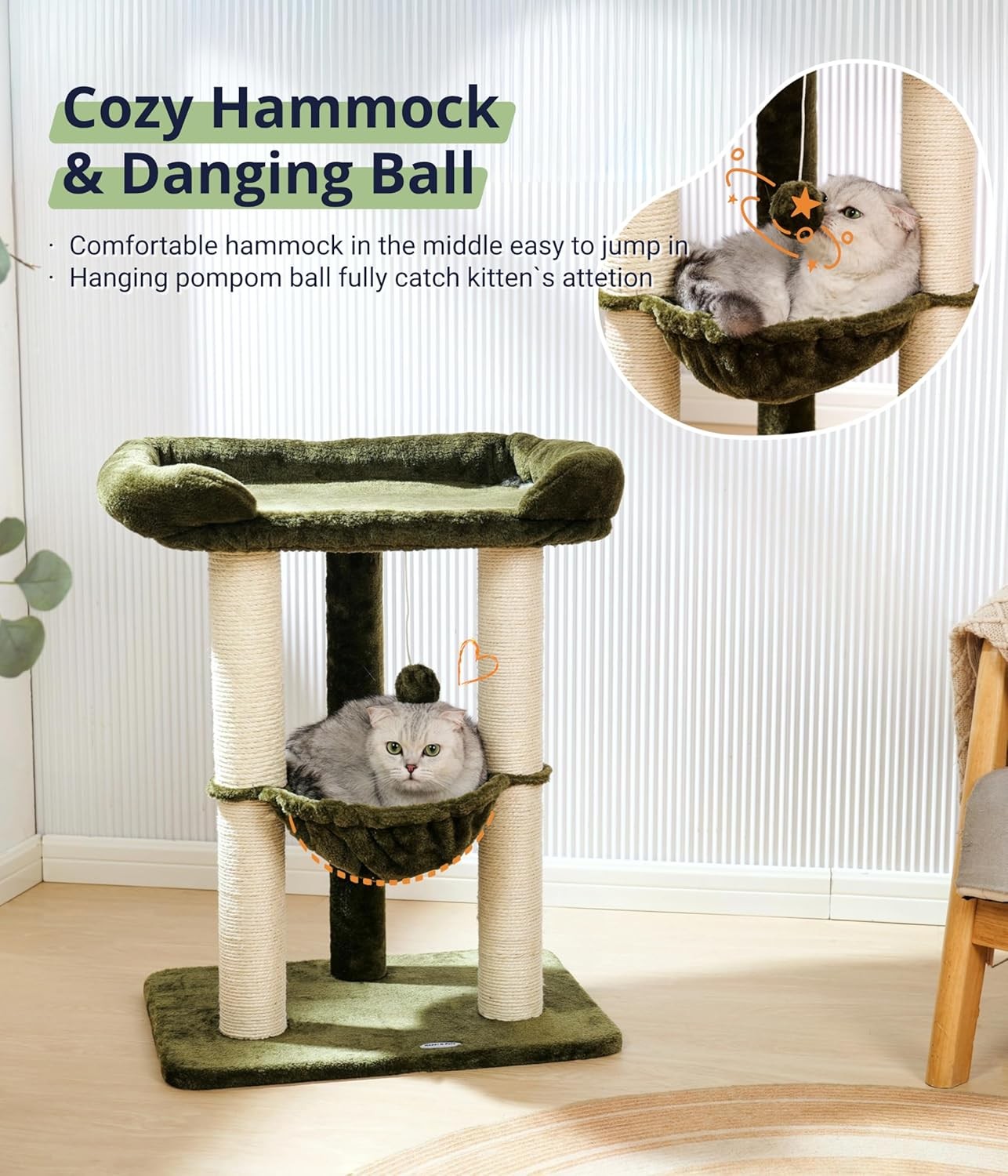 71cm Cat Tree Tower with Large Bed Hammock Sisal Scratching Indoor