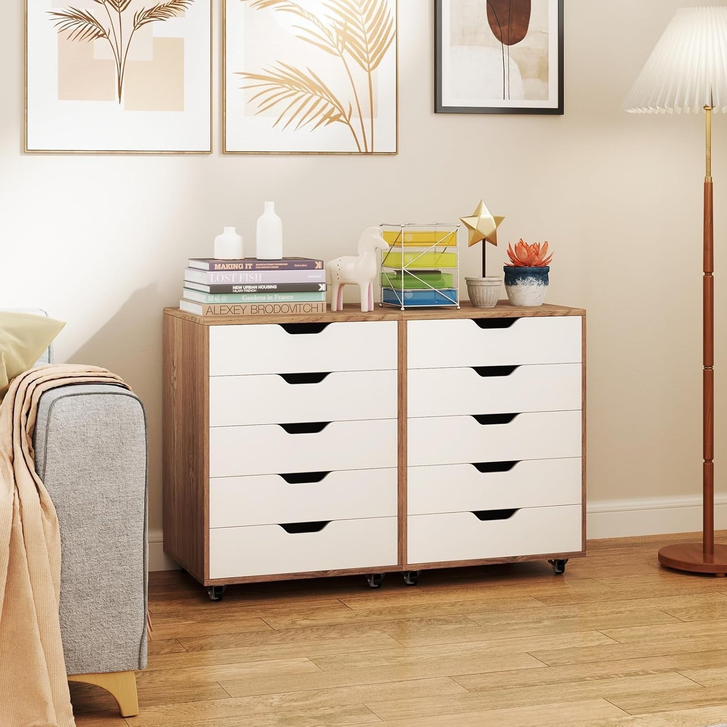 Natural White Mobile Filing Cabinet 7 Drawer Storage Unit Wheels for Home Office