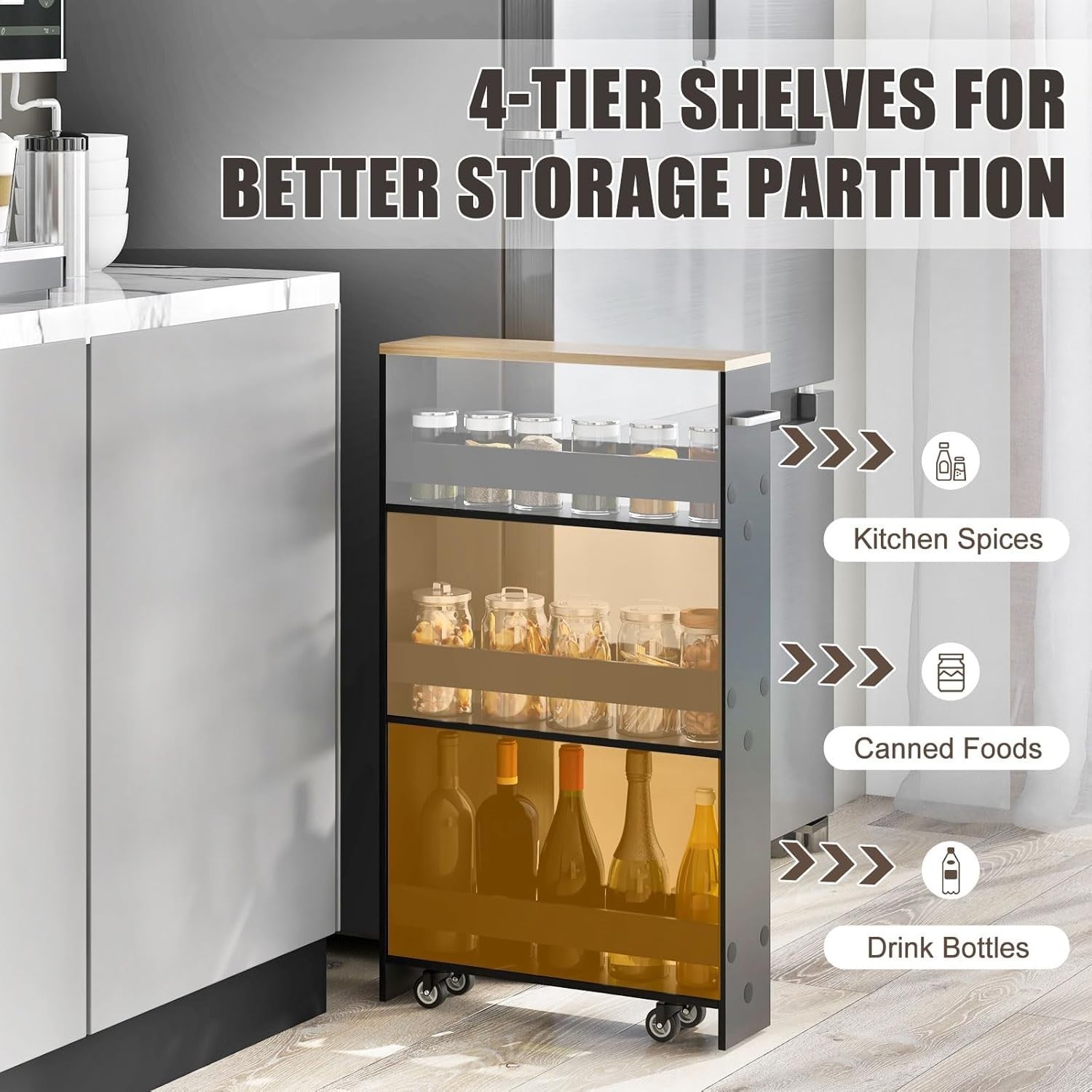 4 Tier Slim Storage Trolley Rolling Kitchen Cart Black Natural Narrow