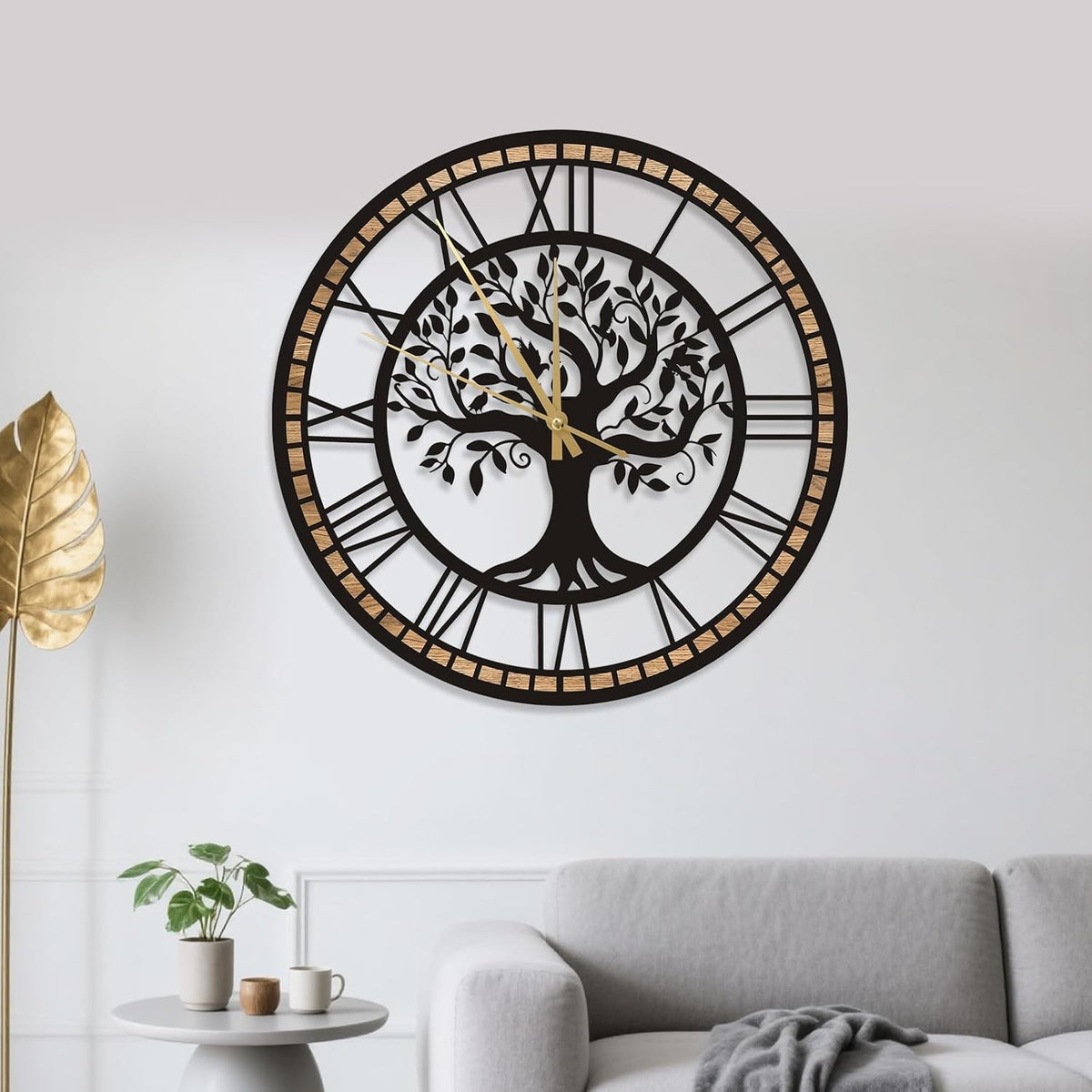Tree of Life Large Metal Wall Clock – 16in Silent Modern Black Home Decor