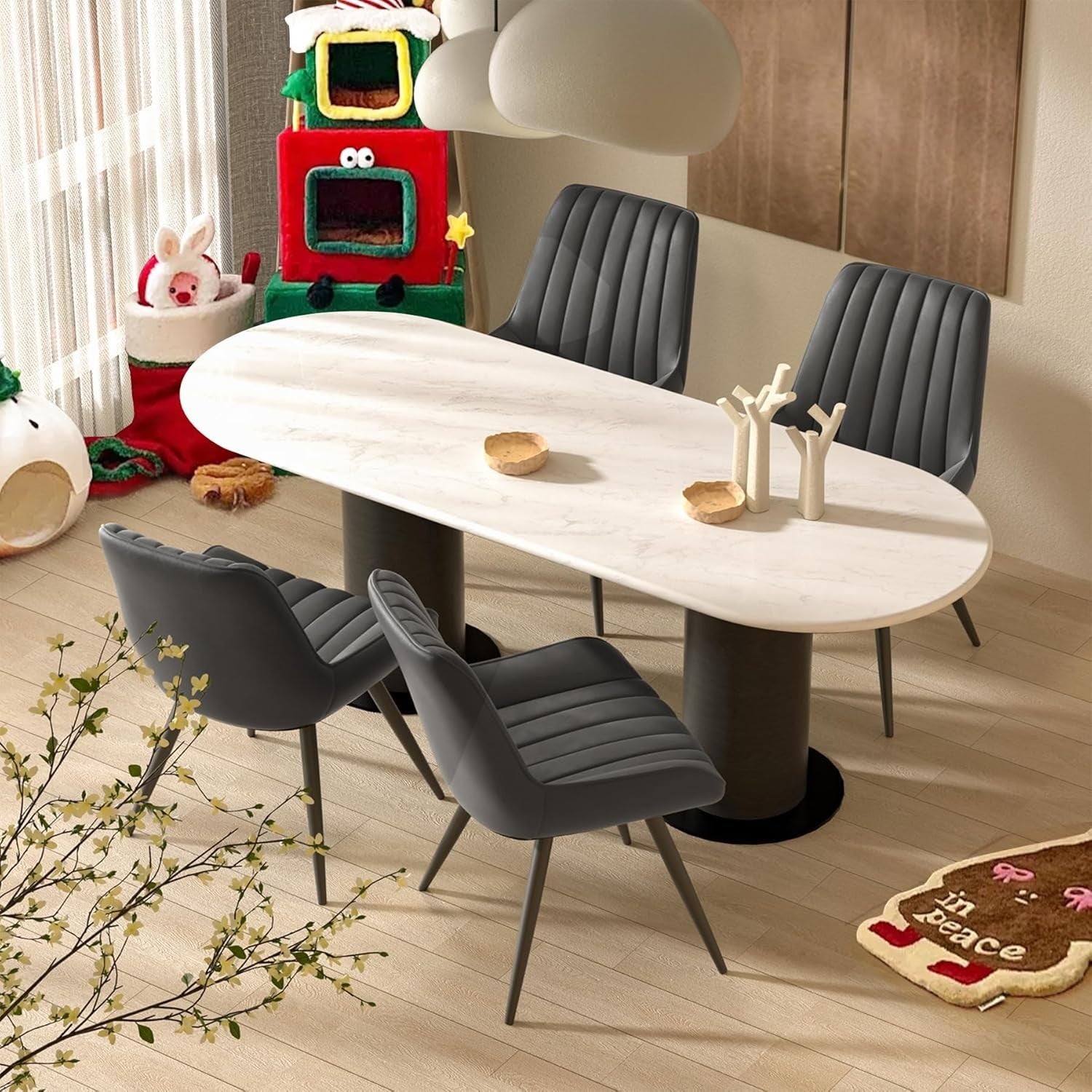 Set of 4 Grey Fabric Dining Chairs | Upholstered Modern Metal Leg Seats