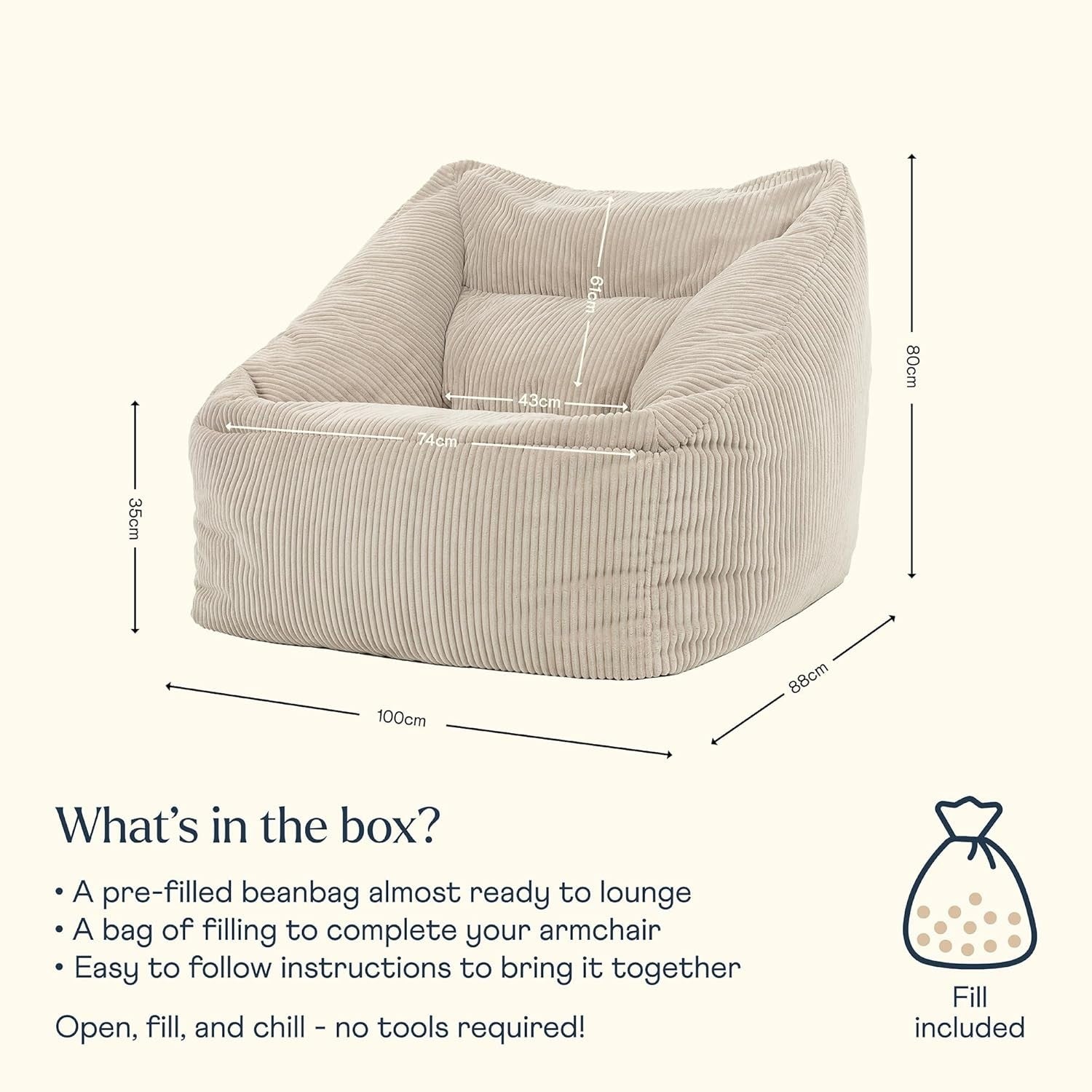 Beige Cord Bean Bag Chair Adult Sofa Seat Lounge Armchair for Home & Gaming