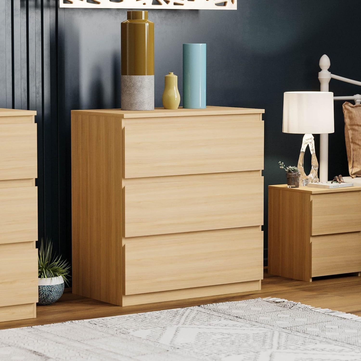 Modern 3 Drawer Wooden Chest Storage Unit Pine Finish Slim Space Saver