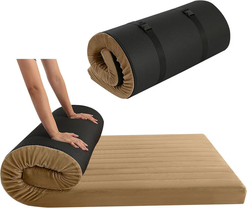 Double Floor Mattress Roll Up Futon Foam Bed Travel Guest Mat Brown