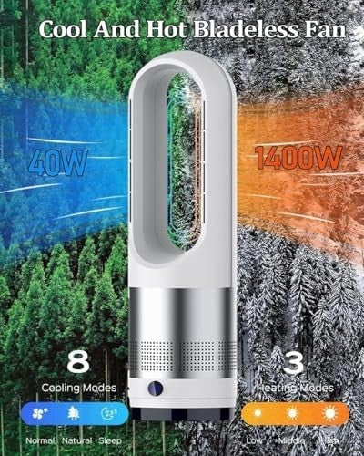 18" Bladeless Tower Fan – 8-Speed Cooling Heating Remote LED Air Purifier Green