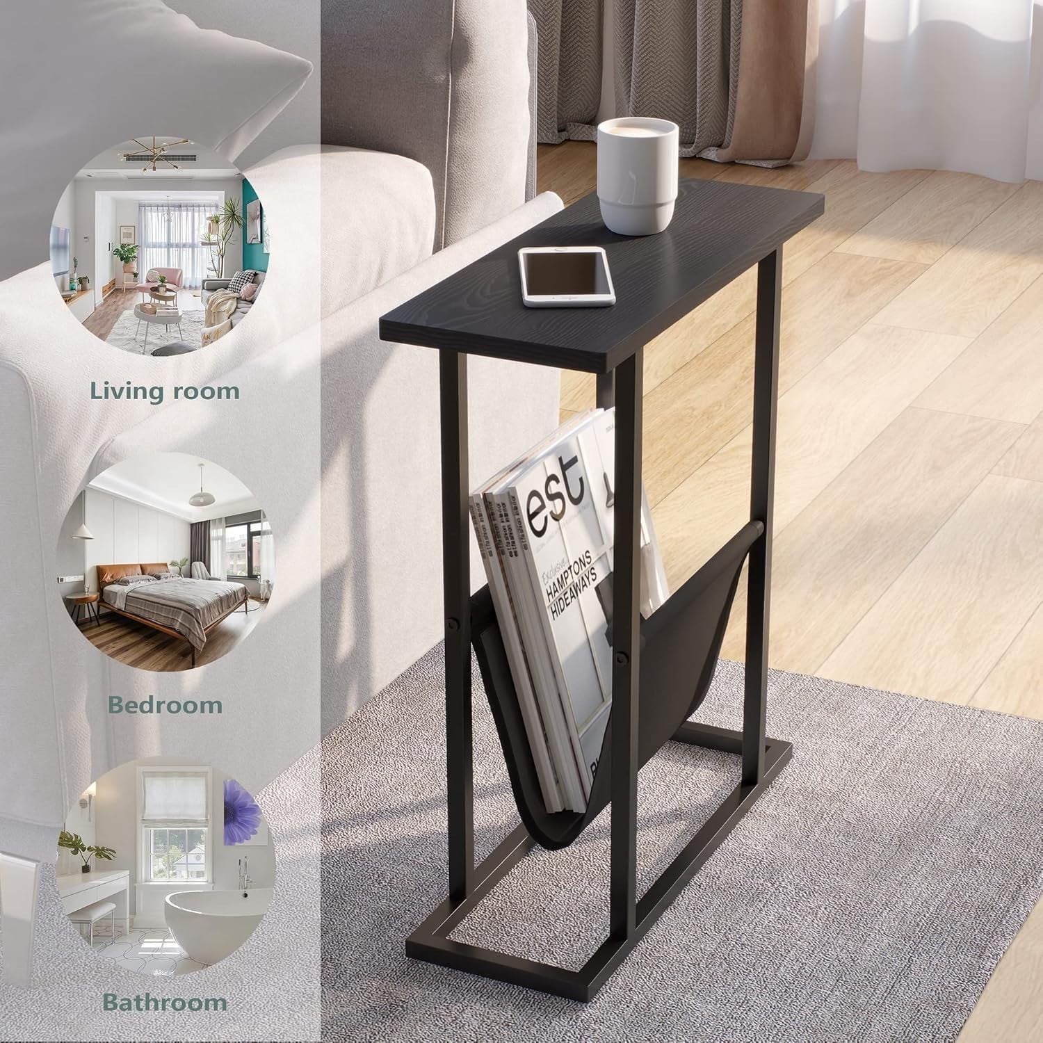 Narrow Black Side Table with Storage Bag Slim Sofa Bedside Small Space 18x45x54