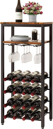 Wine Rack Freestanding with Glass Holder 16 Bottle Storage Shelf Rustic