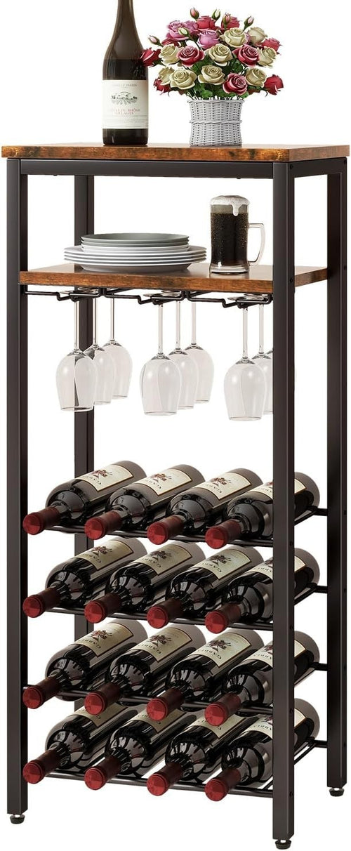 Wine Rack Freestanding with Glass Holder 16 Bottle Storage Shelf Rustic