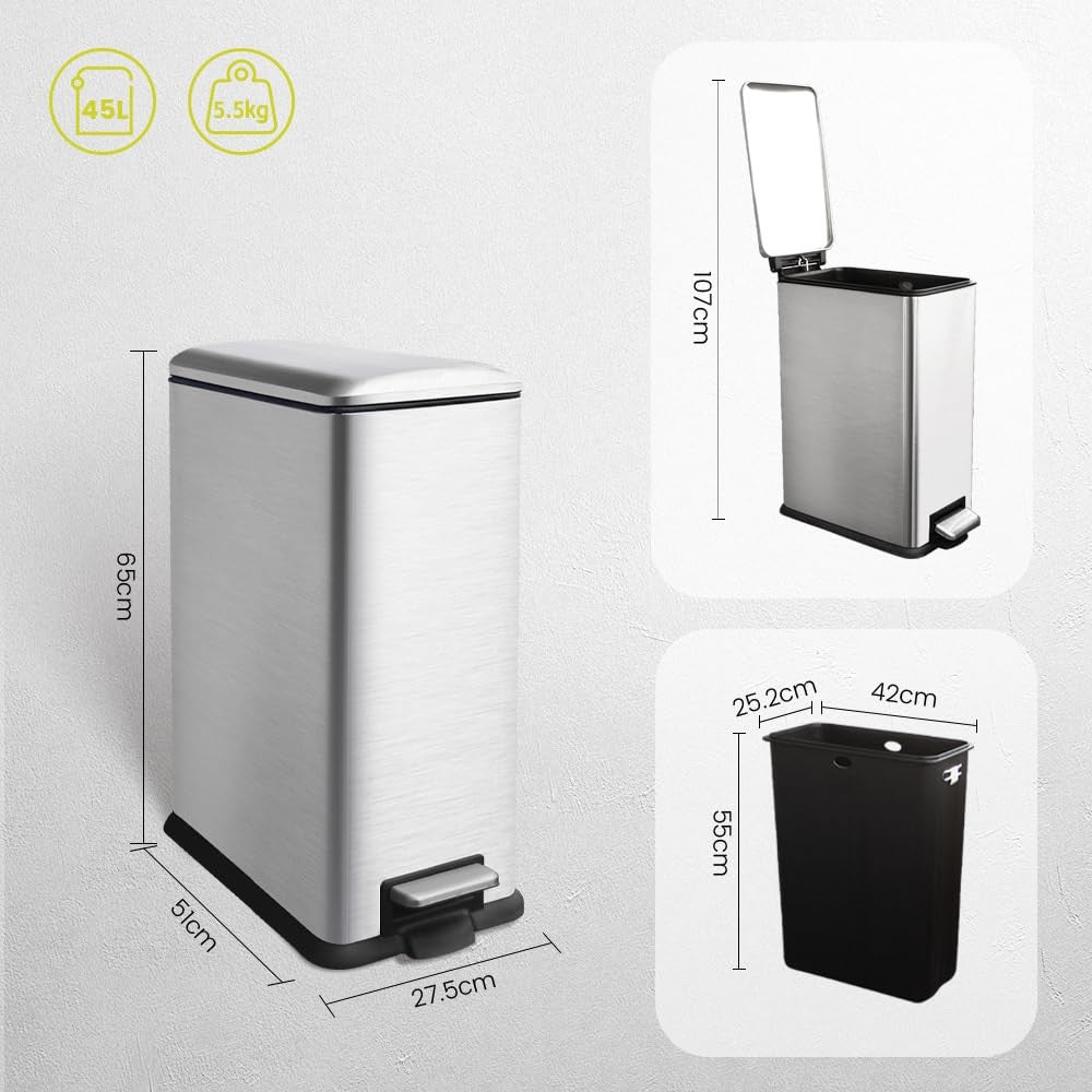 45L Stainless Steel Kitchen Pedal Bin Soft Close Lid Silver