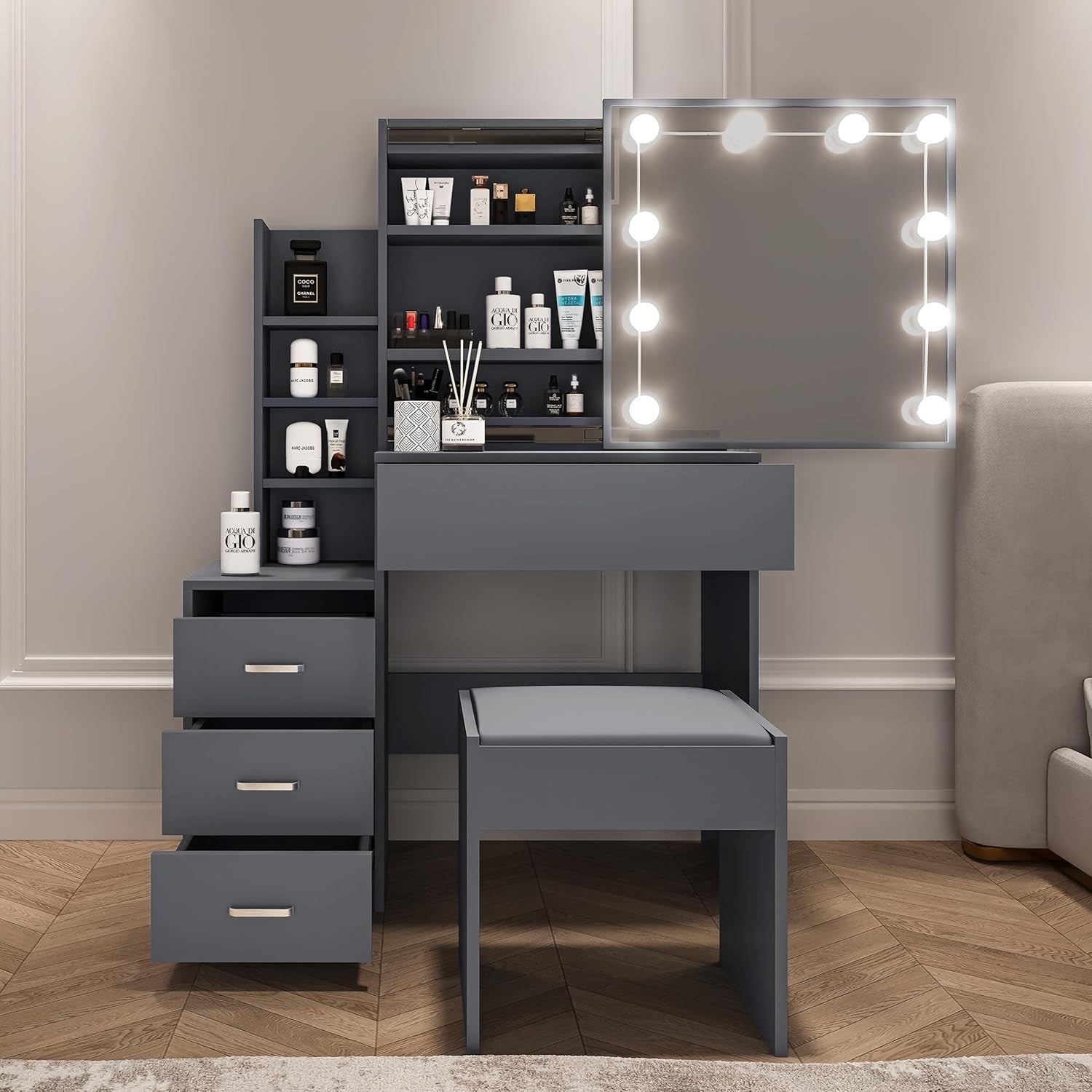 Dressing Table Vanity Desk Sliding Mirror LED Lights Drawers Storage Grey Bedroo