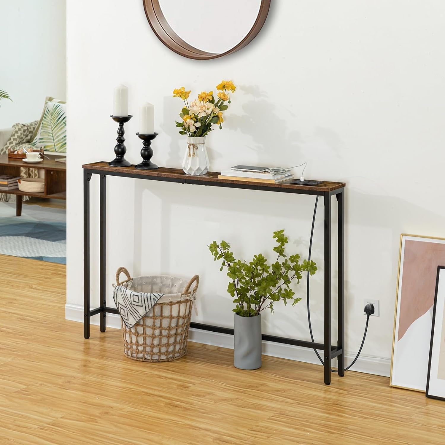 Slim Console Table with Charging Ports, Entryway Sofa Table, 120cm Narrow