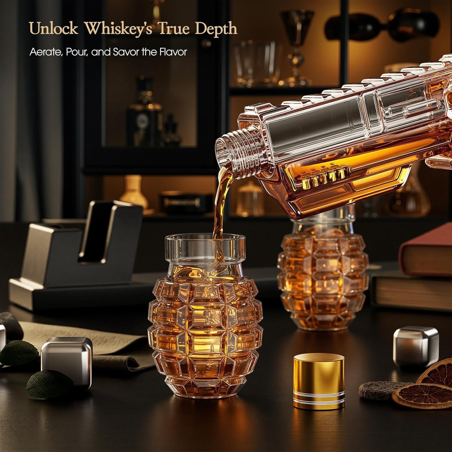 Gun Whiskey Decanter Set with Grenade Shot Glasses Gift Box Display Stand 380ml