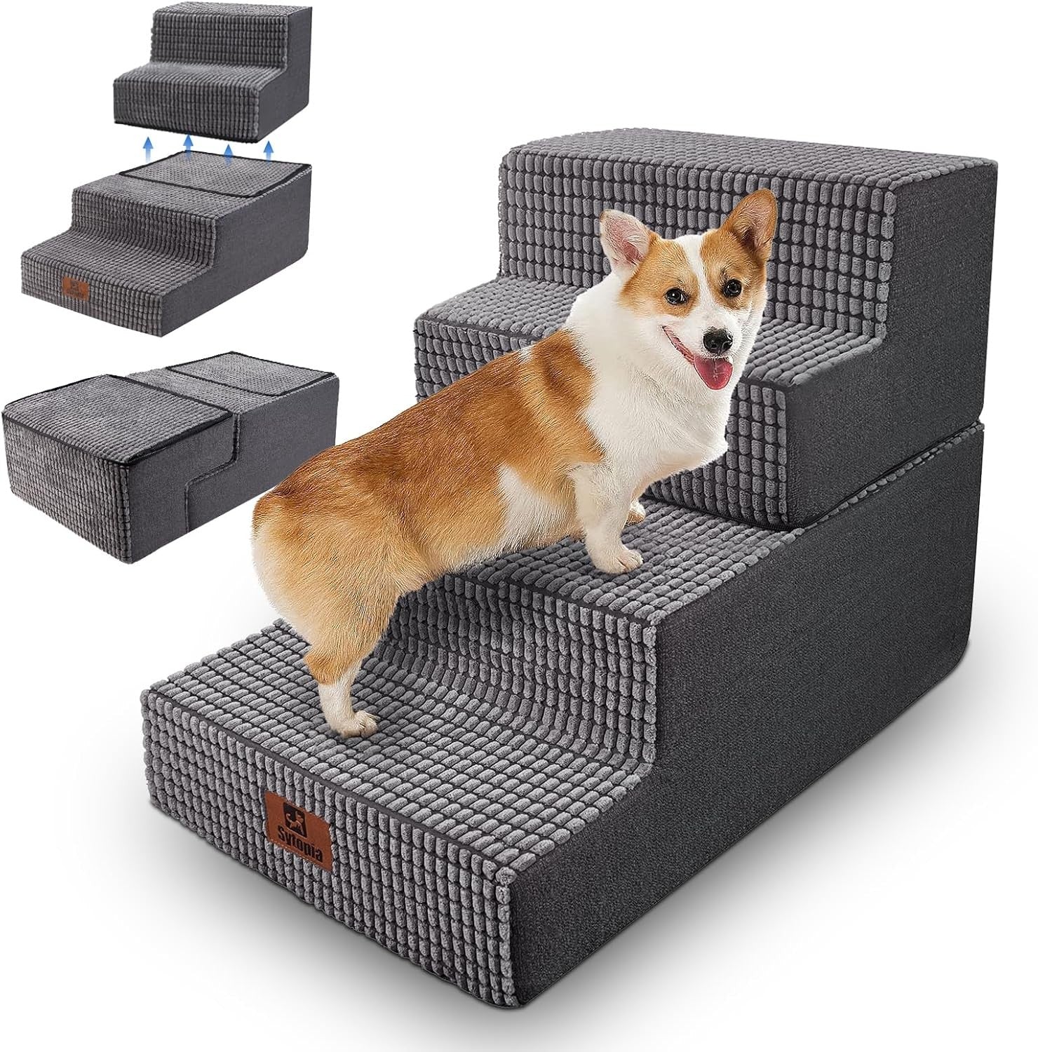 4 Step Dog Stairs Ramp for High Bed Non Slip Foldable Grey