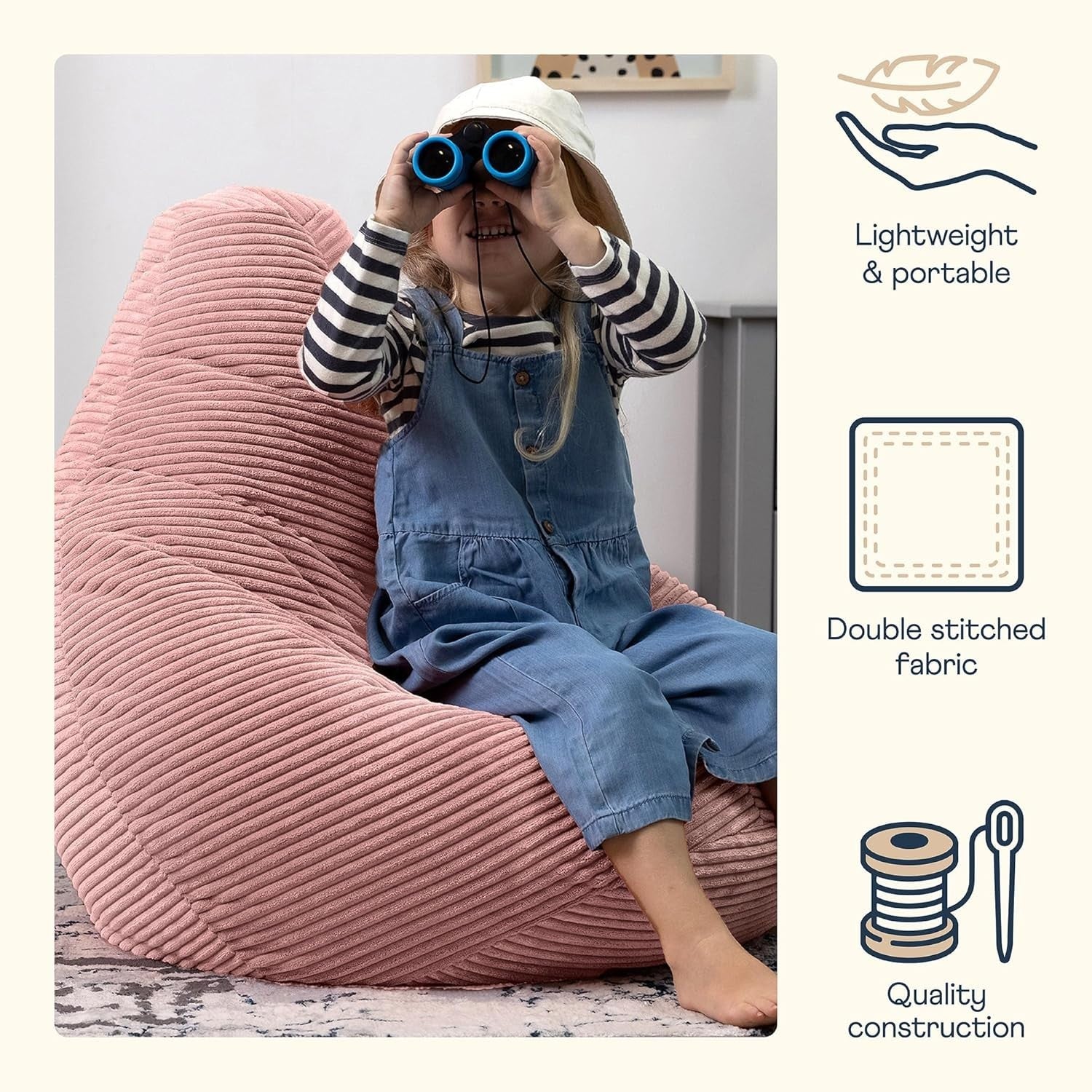 Pink Kids Bean Bag Chair Soft Cord Recliner Seat for Bedroom Lounge Playroom