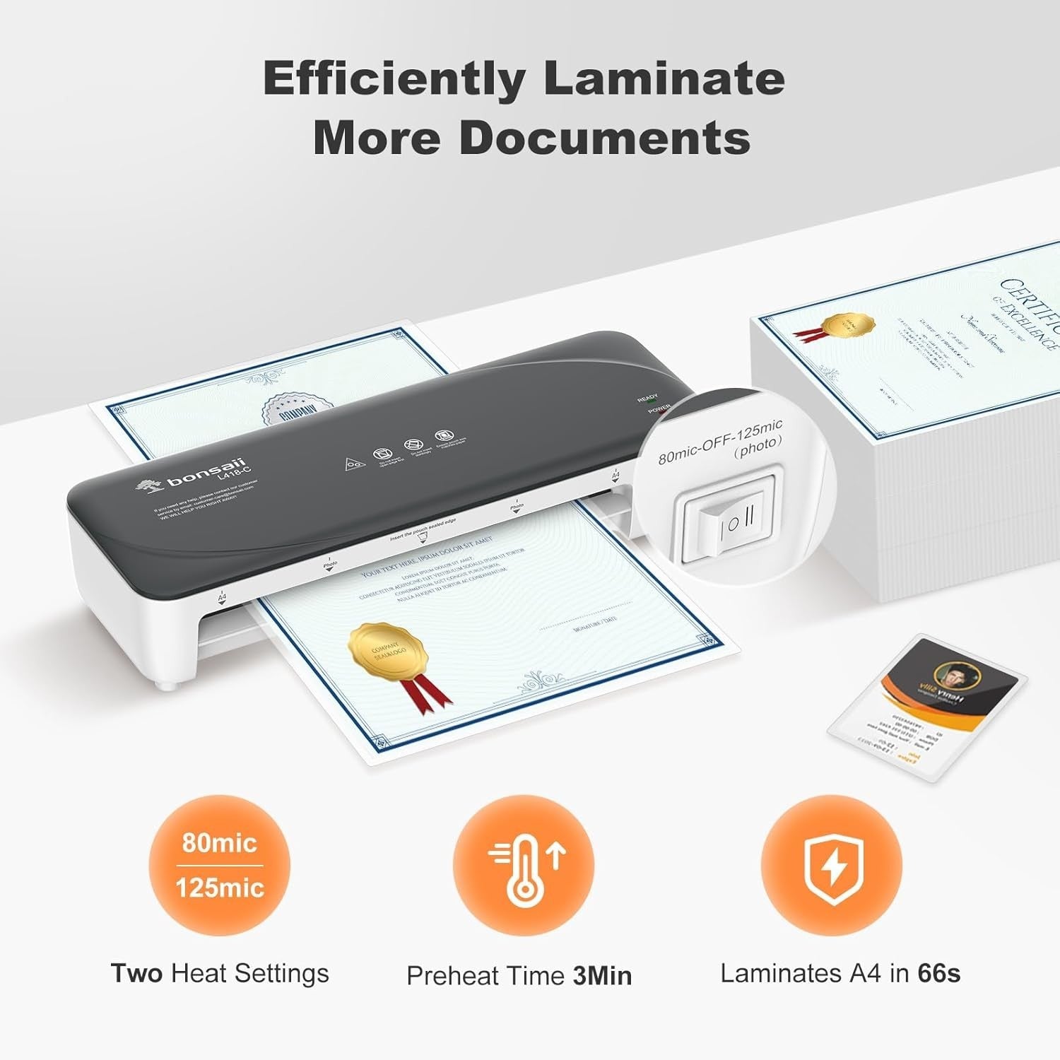 A4 Laminator Machine Dual Heat Never Jam Fast Lamination 230mm