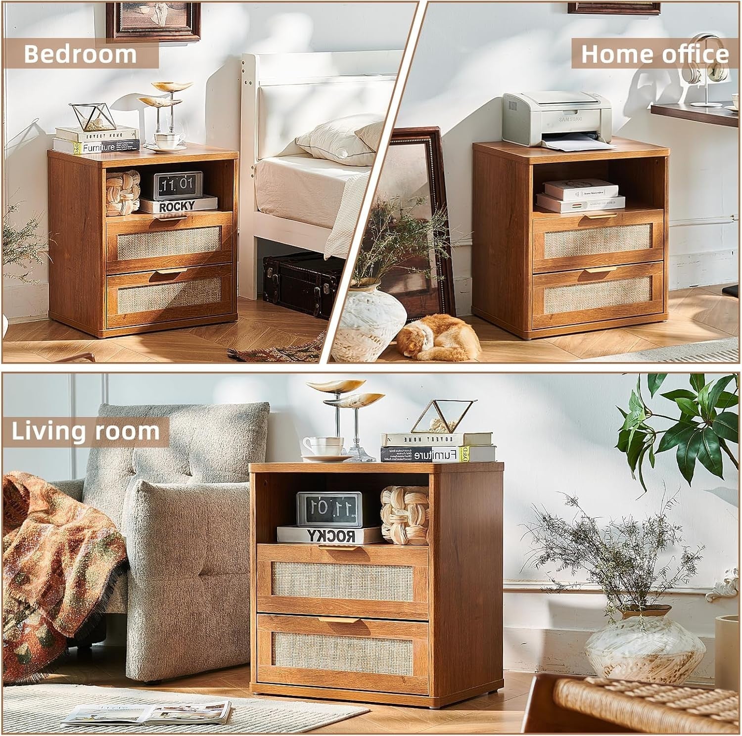 Wide Rattan Bedside Table with 2 Drawers Boho Wood Nightstand Storage Cabinet