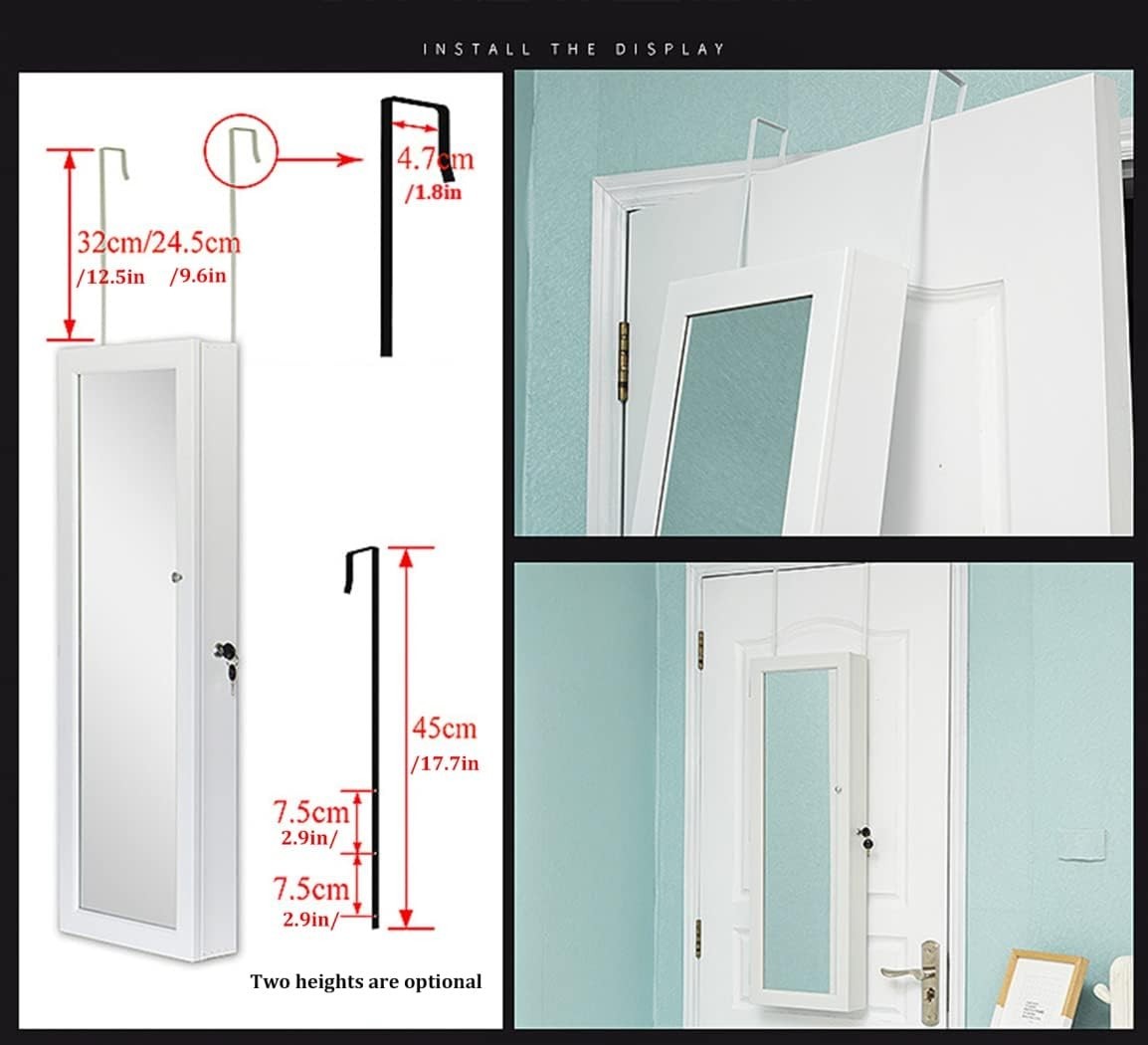 White Wall Mounted Jewelry Organizer Mirror Lockable Large Storage Armoire
