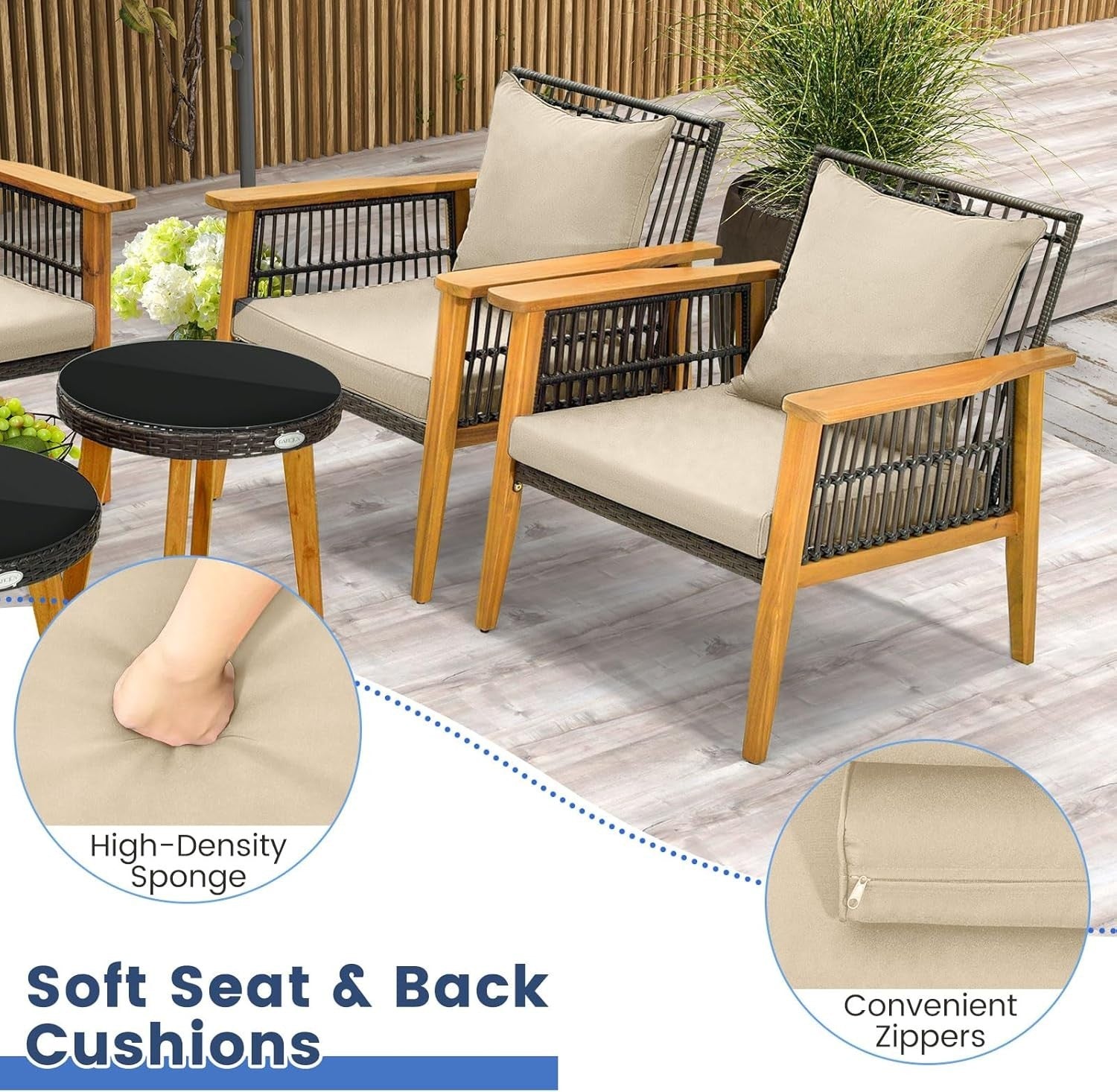 5pc Garden Sofa Set Wood Rattan Outdoor Furniture Cushions & Tables