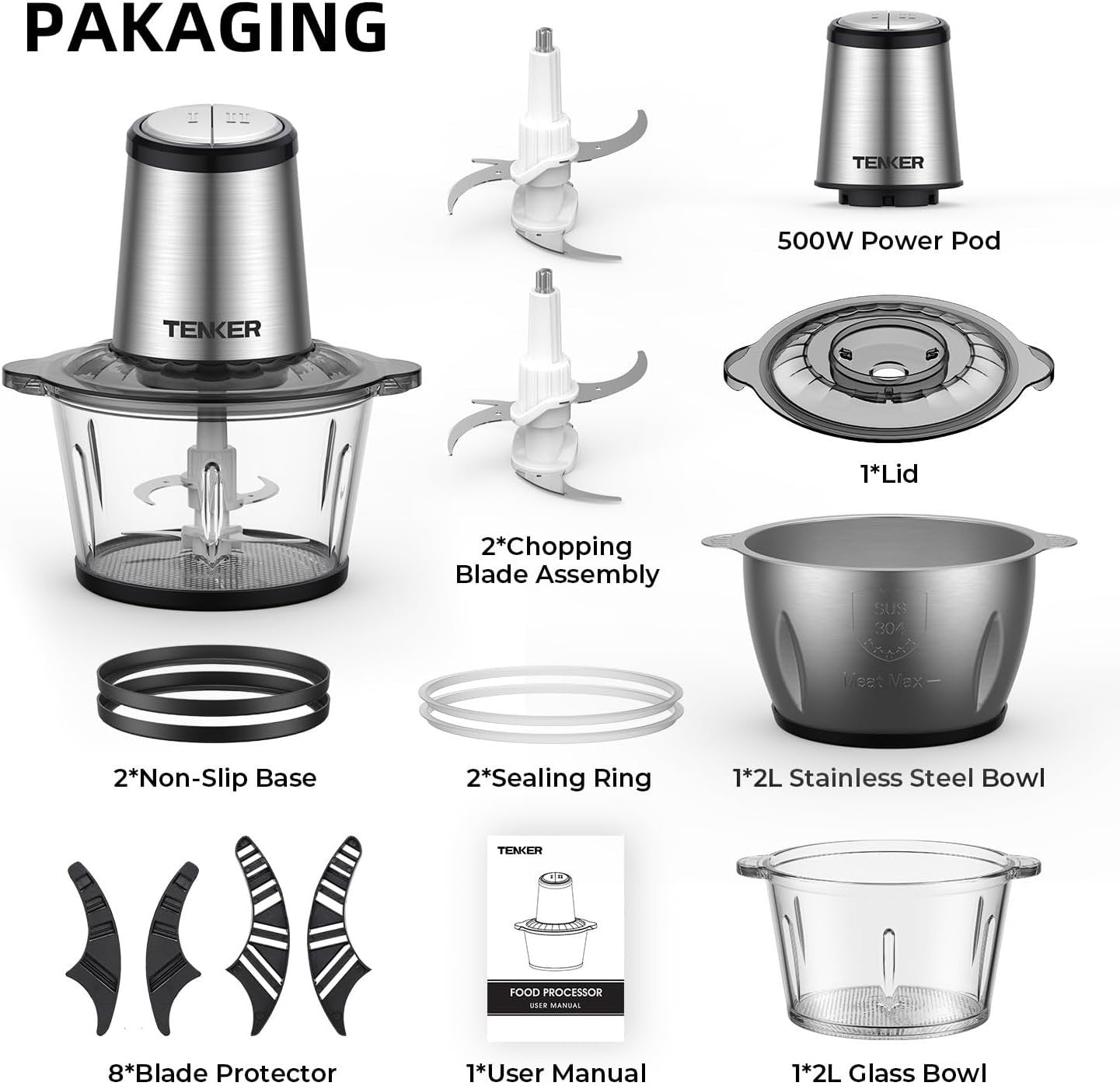 500W Food Processor Meat Grinder Chopper 2x2L Bowls 2 Speed Black