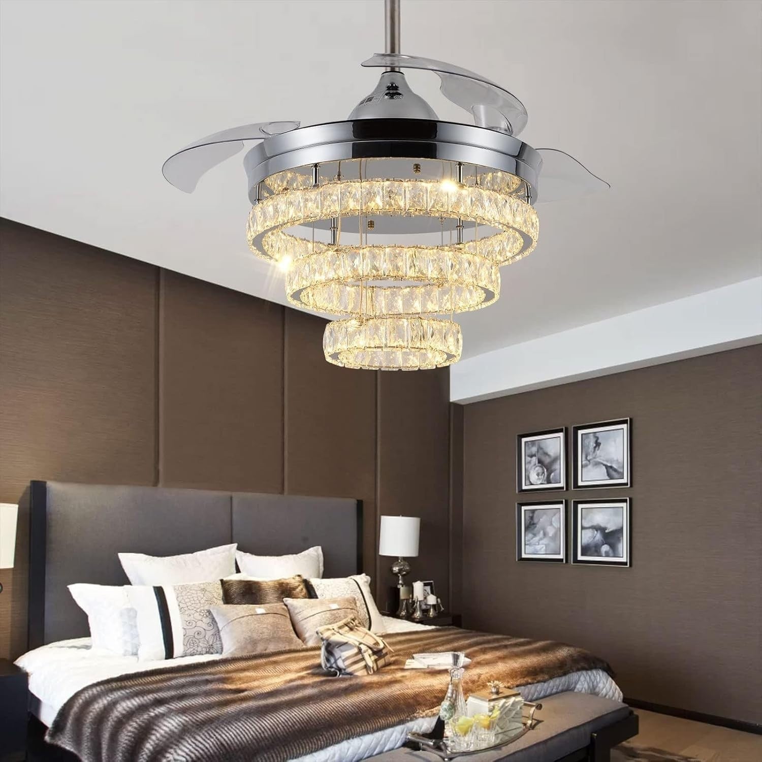 DiiSunBihuo 42" Chrome Fandelier, Crystal Fan, Reversible Motor, 3-Color LED