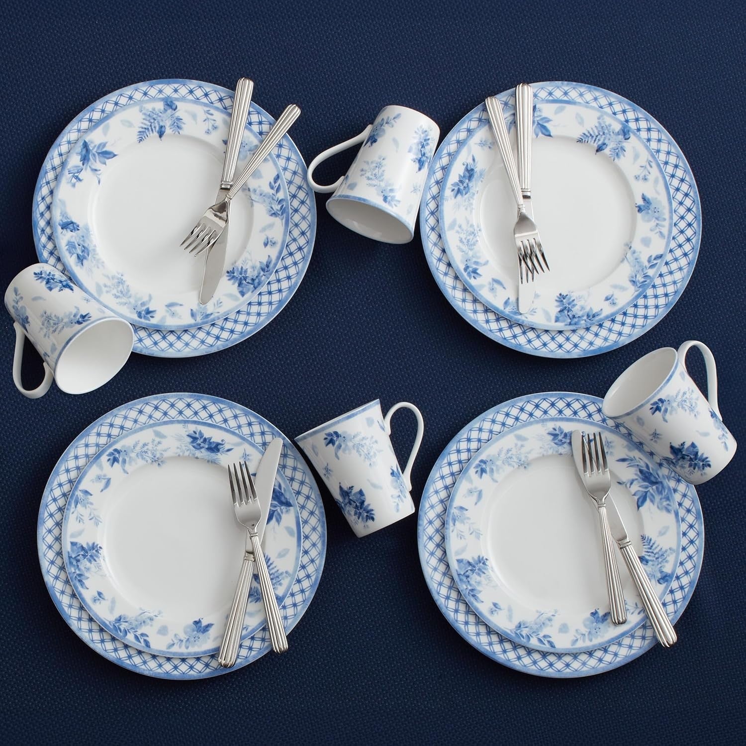 16pc Bone China Dinnerware Set Blue White Plates Bowls Mugs Chip Resistant