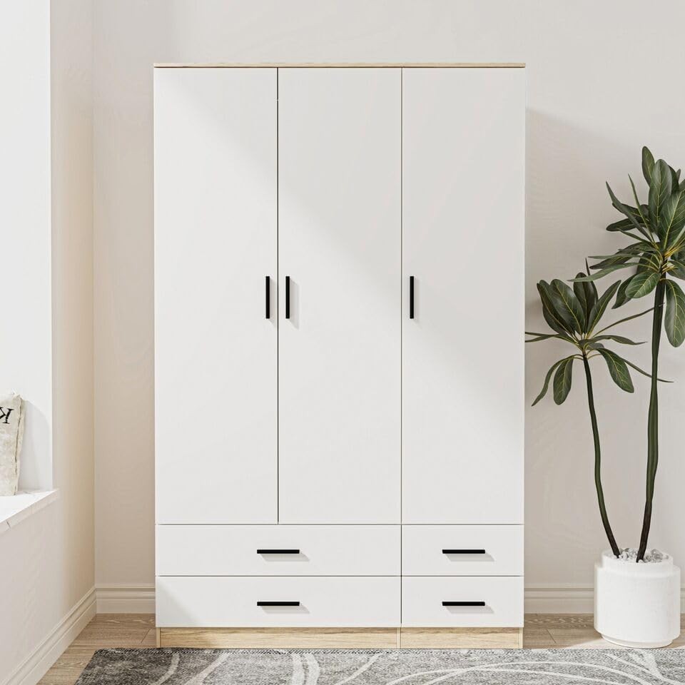 Oak & White 3 Door Wardrobe with 4 Drawers, Modern Bedroom Storage Unit