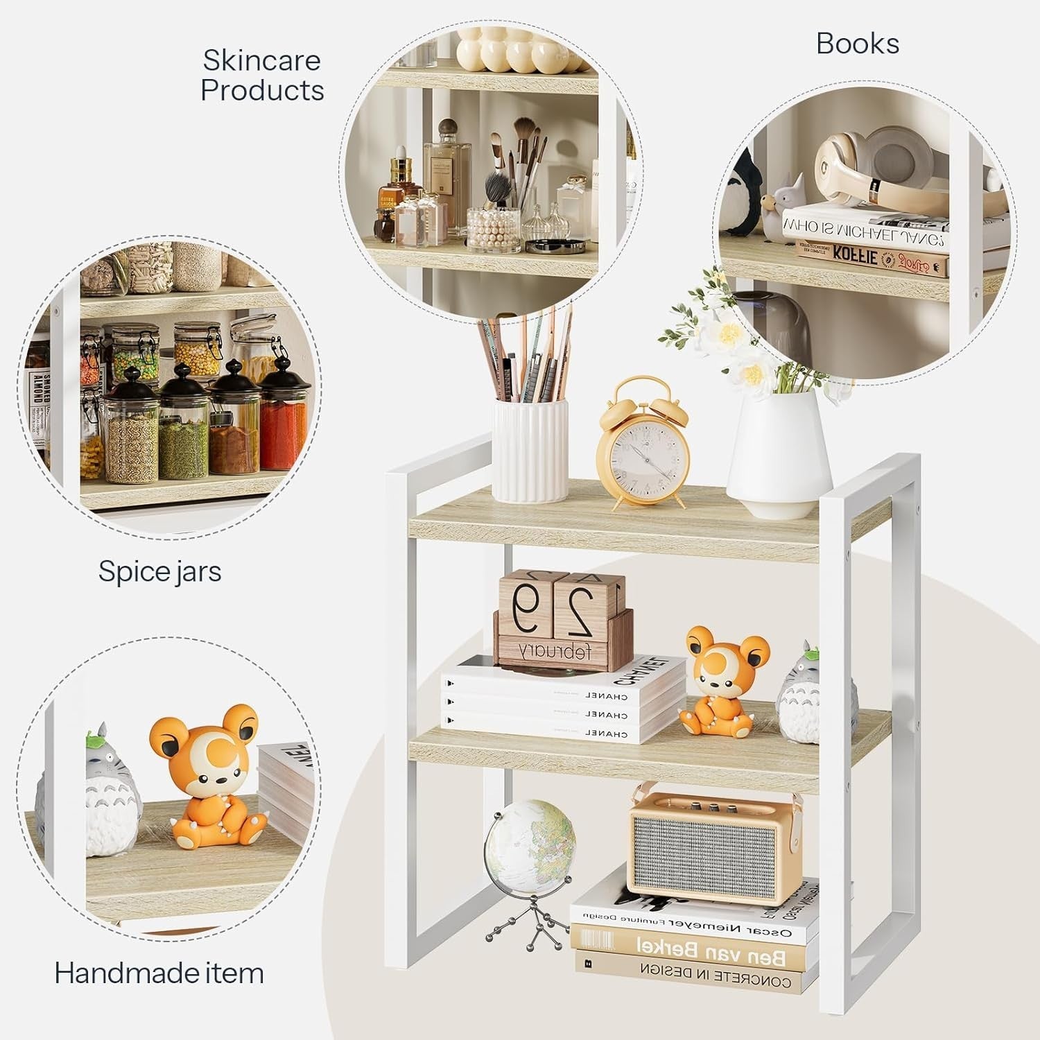 2-Tier White & Natural Desk Shelf Desktop Bookshelf Organizer for Office & Home
